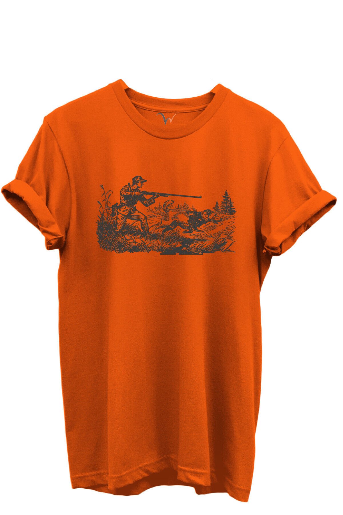 Outdoor Avcılık Avcı ve Av Köpekleri Desenli %100 Pamuk Regular Fit Bisiklet Yaka Unisex T-shirt Turuncu - L