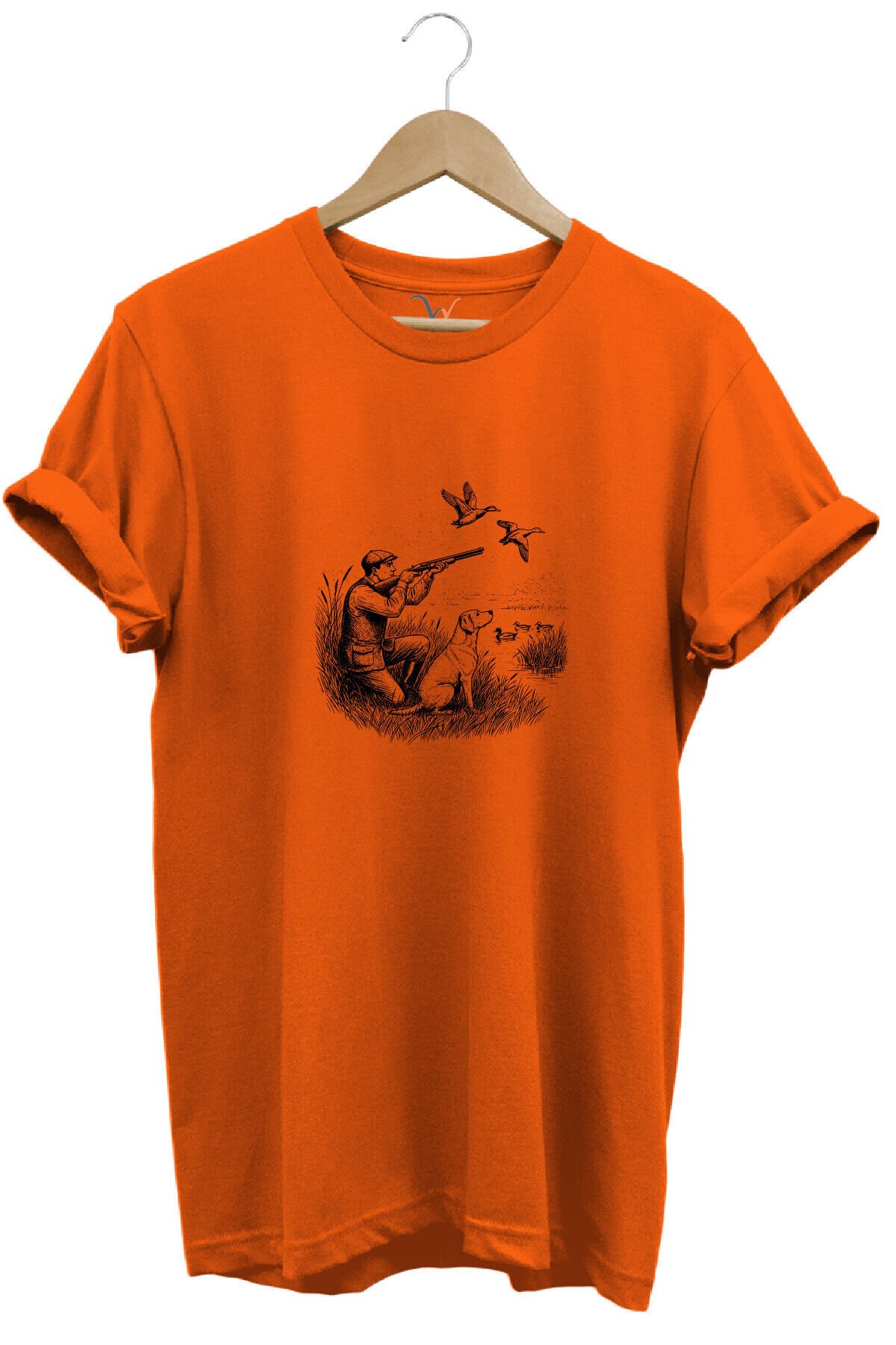 Hunting Avcılık Ördek Avı Baskılı Avcı ve Av Köpeği Regular Fit Bisiklet Yaka T-Shirt Turuncu - S