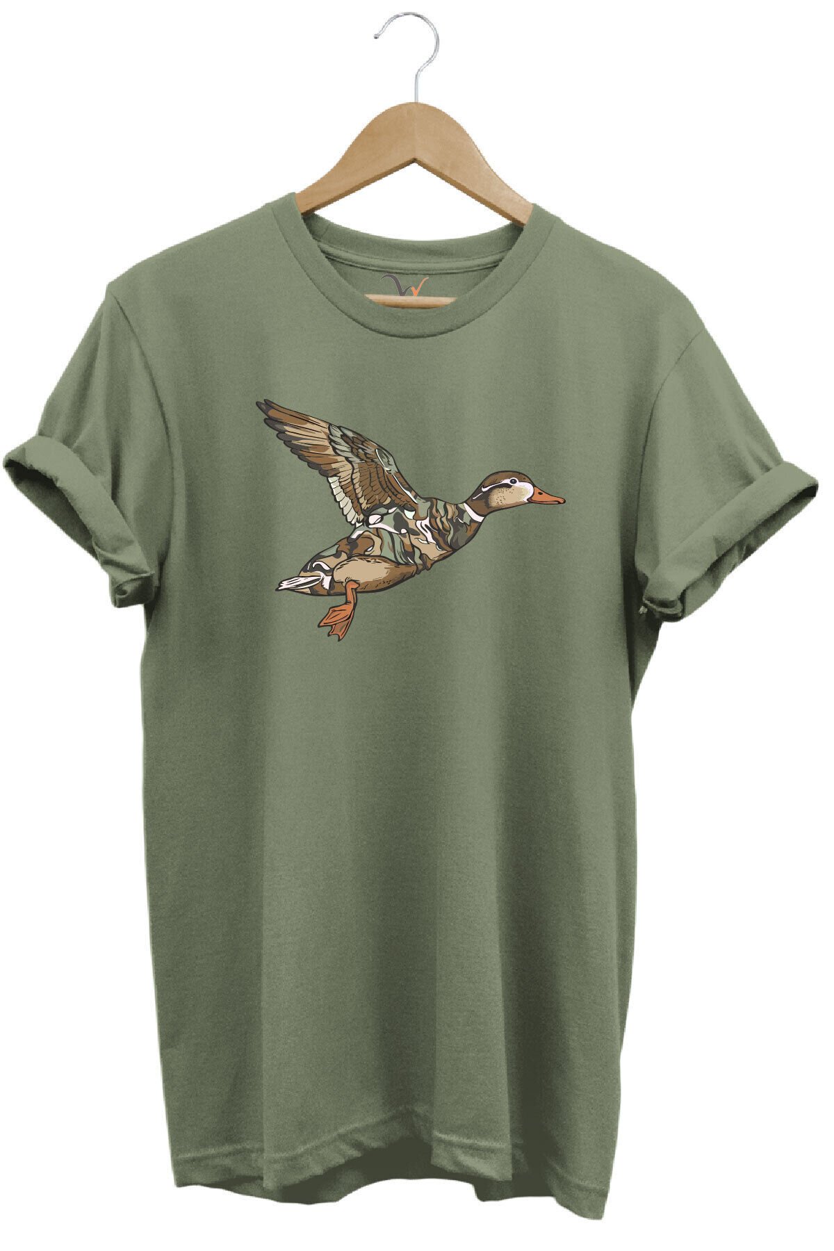 Avcılık Ördek Avı Baskılı Kamuflaj Desenli Ördek Tasarımlı %100 Pamuk Regular Fit Beyaz T-shirt Haki - M