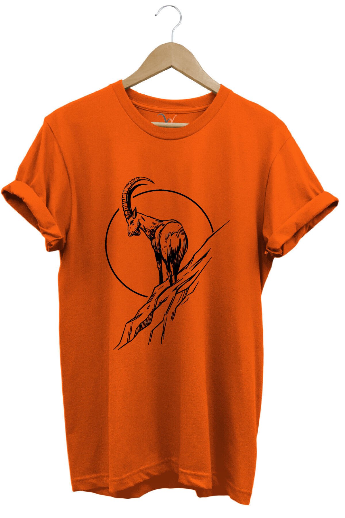 Avcılık Dağ Keçisi Baskılı %100 Pamuk Regular Fit Bisiklet Yaka Mavi T-shirt Turuncu - 3XL