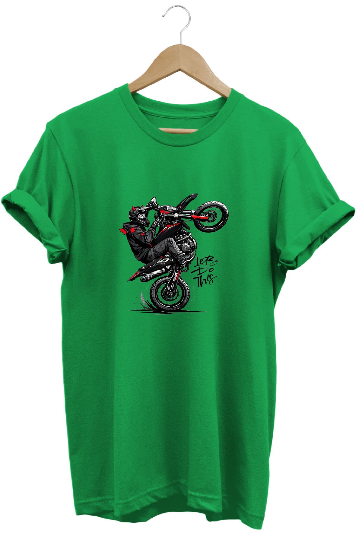 Unisex Motosiklet Tek Teker Baskılı Oversize Bisiklet Yaka Tişört T-shirt Yeşil - 2XL