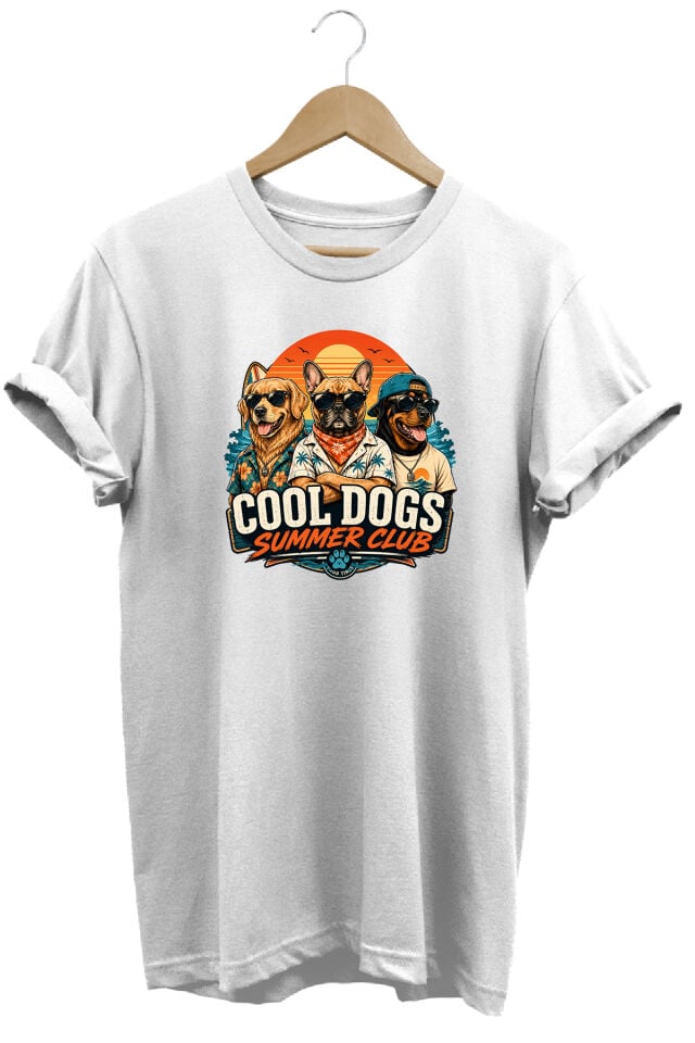 Cool Dogs Summer Club Unisex Köpek Baskılı Yaz Temalı Regular Kalıp Bisiklet Yaka T-Shirt