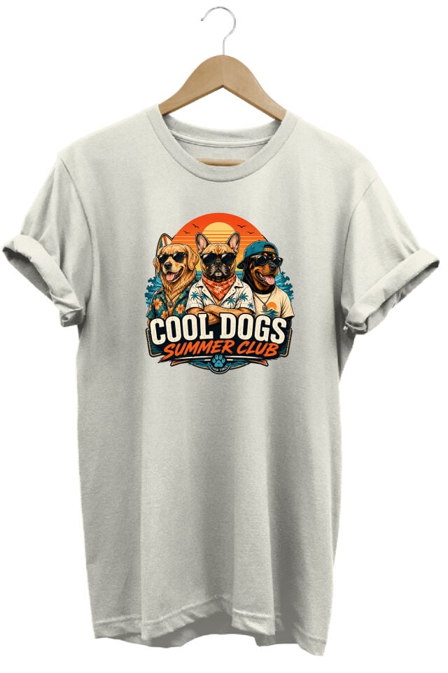 Cool Dogs Summer Club Unisex Köpek Baskılı Yaz Temalı Regular Kalıp Bisiklet Yaka T-Shirt