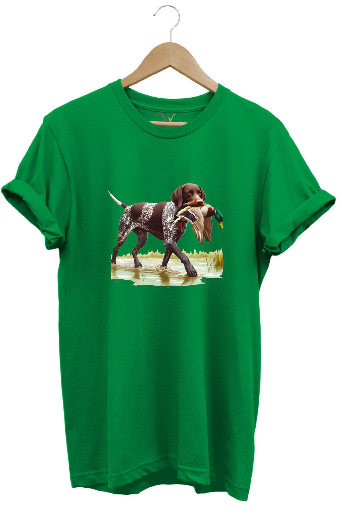 Hunting Avcılık Ördek Avı Baskılı Sazlıkta Avlanan Köpek %100 Pamuk Regular Fit T-shirt Yeşil - L