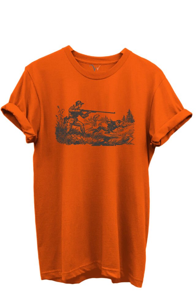 Outdoor Avcılık Avcı ve Av Köpekleri Desenli %100 Pamuk Regular Fit Bisiklet Yaka Unisex T-shirt Turuncu - 3XL