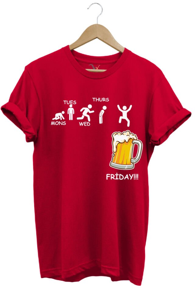 Haftanın Günleri Bira Baskılı Friday Beer %100 Pamuk Regular Fit Bisiklet Yaka T-shirt Kırmızı - XL
