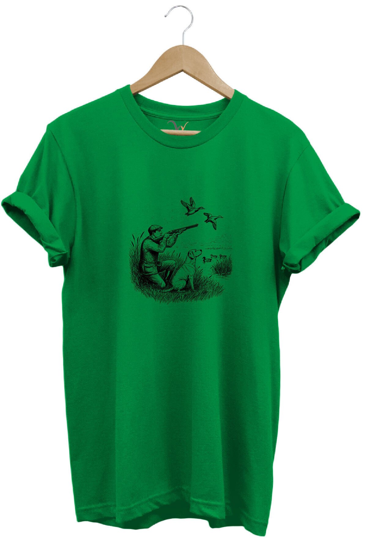 Hunting Avcılık Ördek Avı Baskılı Avcı ve Av Köpeği Regular Fit Bisiklet Yaka T-Shirt Yeşil - S