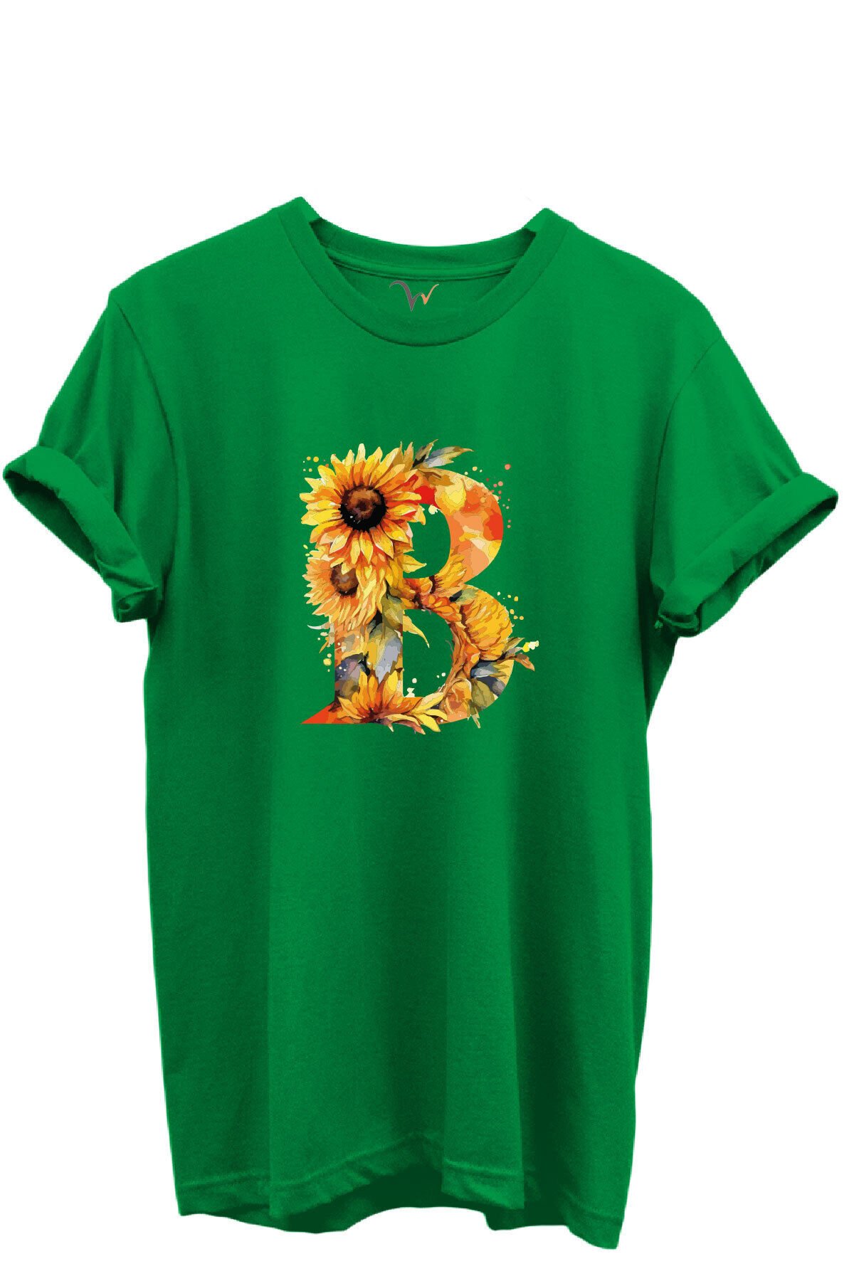 Ayçiçek Desenli “B'' Harfi Baskılı %100 Pamuk Regular Fit Unisex T-Shirt Yeşil - S