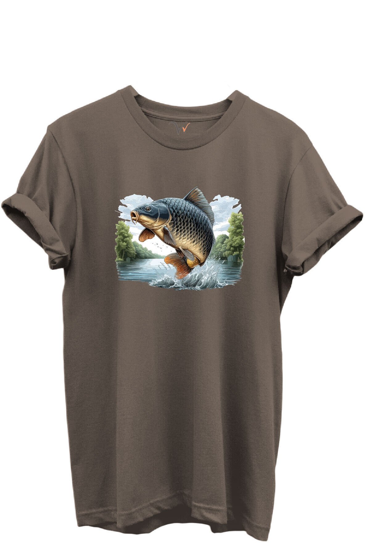 Sıçrayan Sazan Balığı Desenli %100 Pamuk Regular Fit Unisex T-Shirt Kahverengi - XL