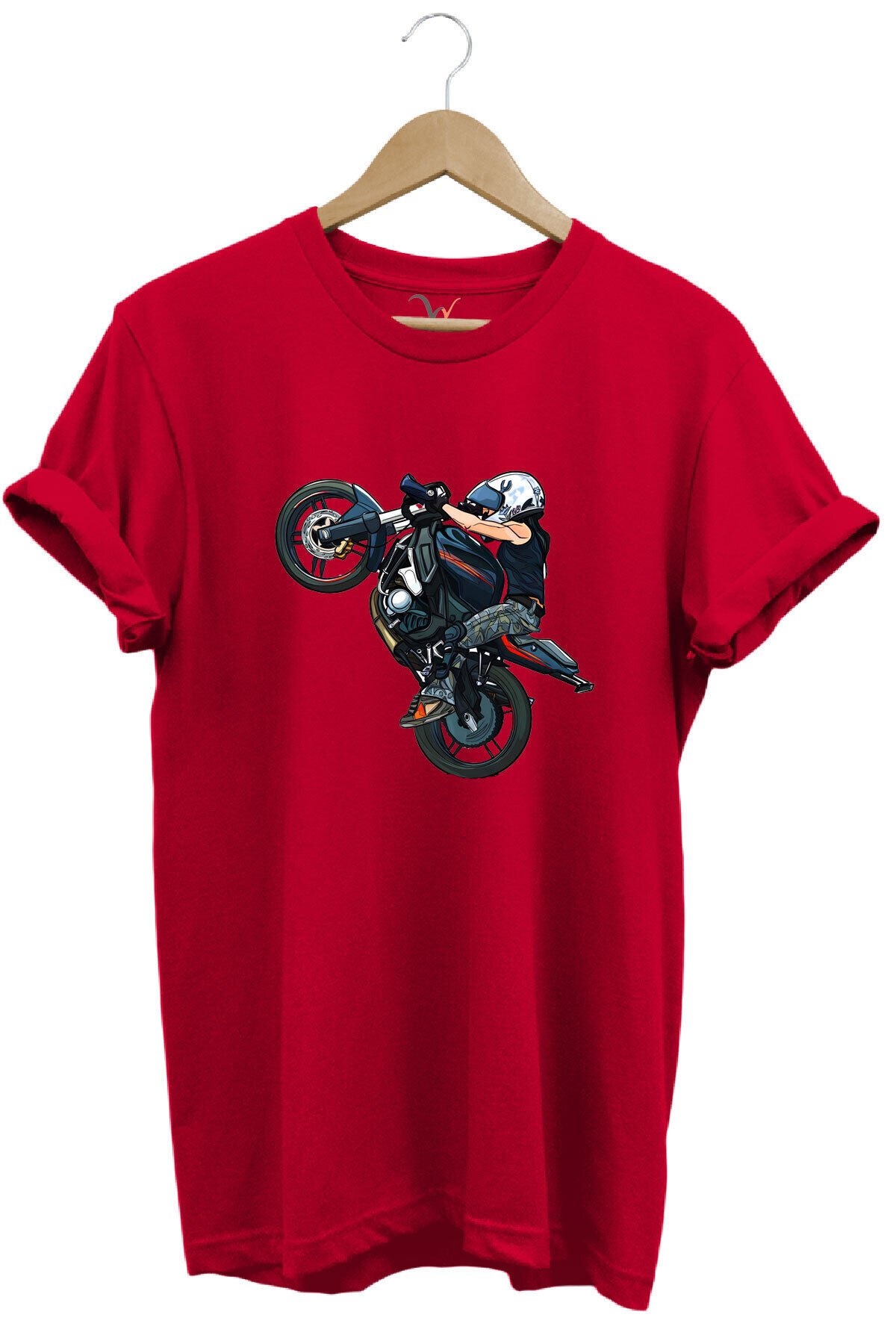 Motosiklet Racing Ön Kaldıran Motorcu Baskılı %100 Pamuk Regular Fit Bisiklet Yaka Haki T-shirt Kırmızı - XL