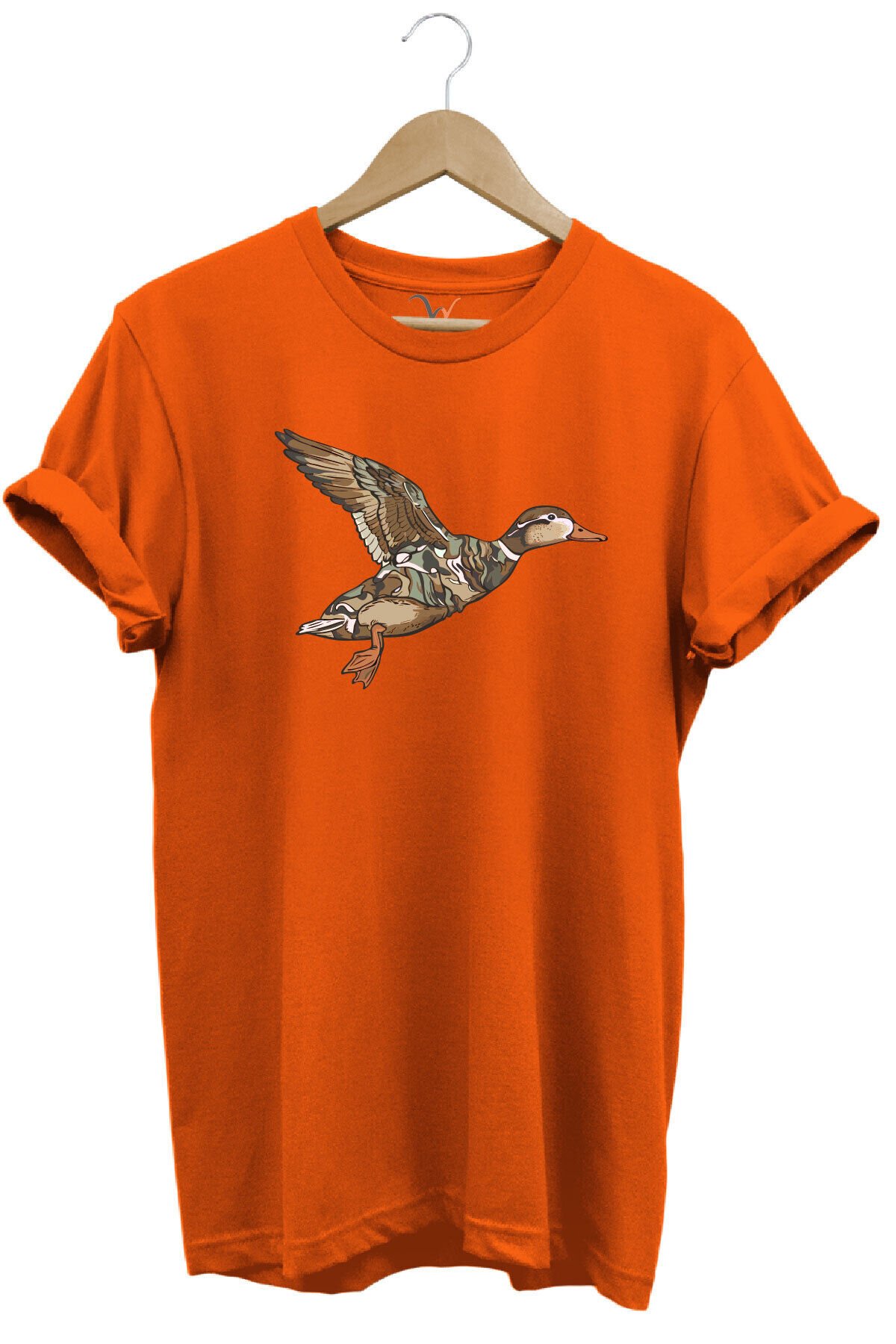Avcılık Ördek Avı Baskılı Kamuflaj Desenli Ördek Tasarımlı %100 Pamuk Regular Fit Beyaz T-shirt Turuncu - XL