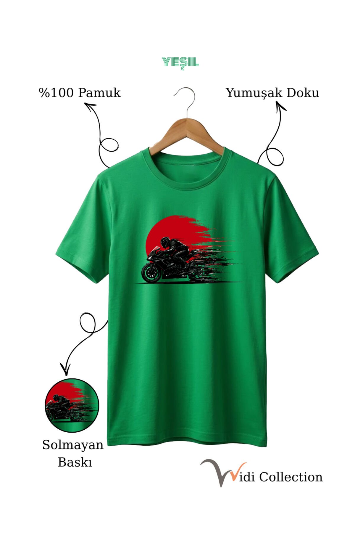 Hız Temalı Racing Motor Baskılı %100 Pamuk Unisex Regular Fit T-Shirt Yeşil - XL