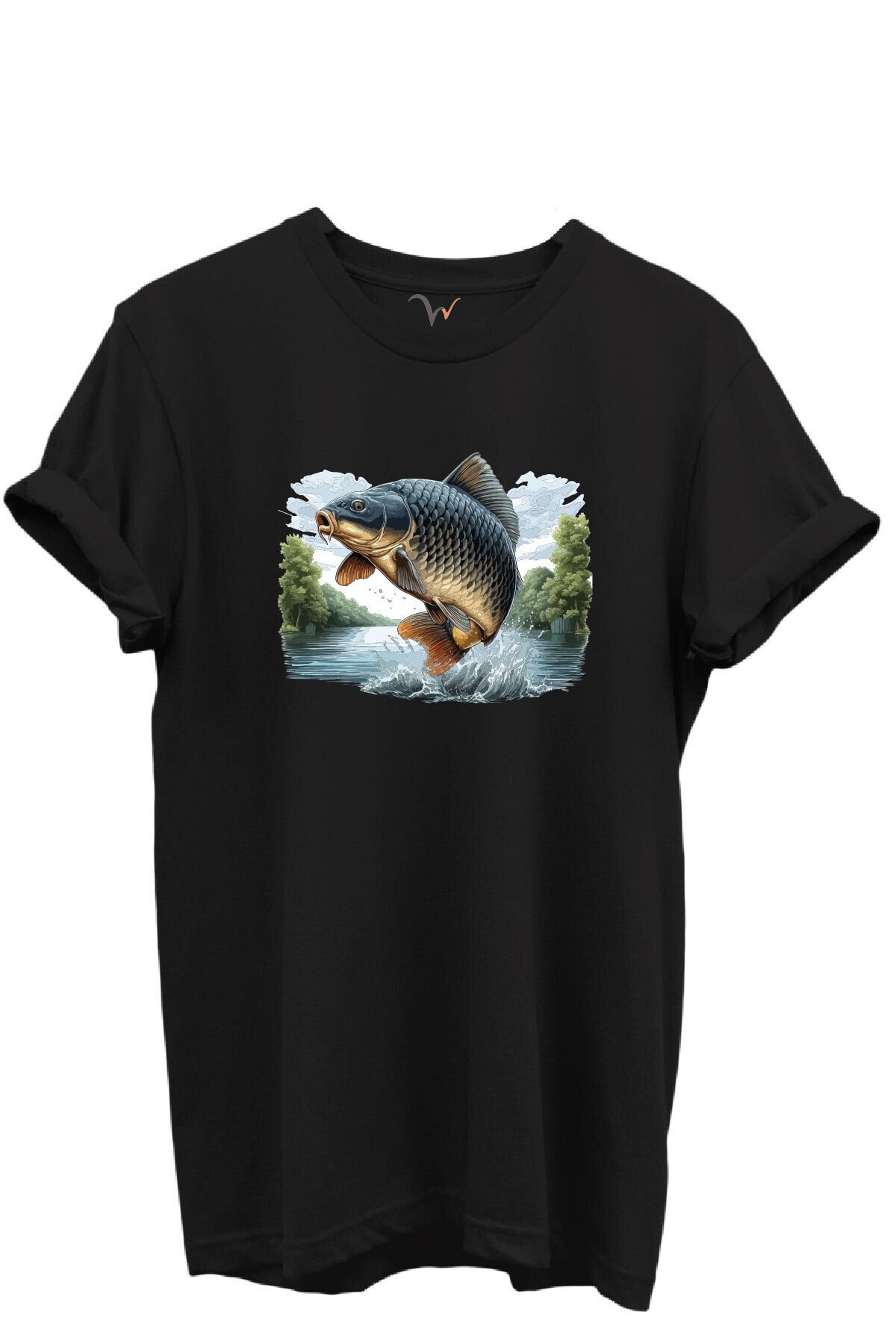 Sıçrayan Sazan Balığı Desenli %100 Pamuk Regular Fit Unisex T-Shirt Siyah - 4XL