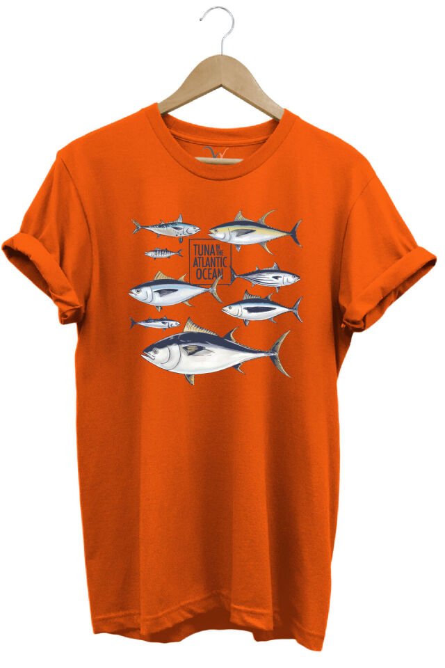 Fishing Balıkçılık Uzunkanat Orkinos Tuna Balığı Baskılı %100 Pamuk Regular Fit Mavi T-shirt Turuncu - 3XL