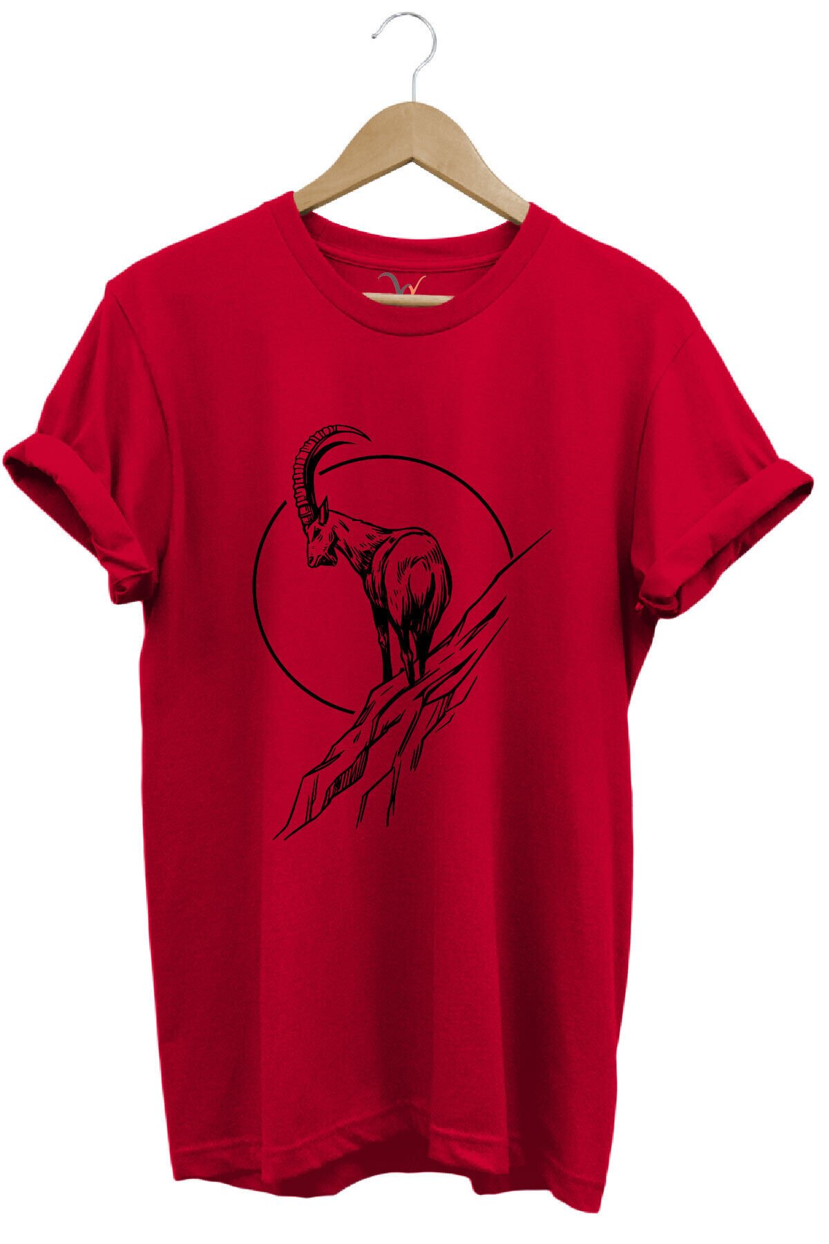 Avcılık Dağ Keçisi Baskılı %100 Pamuk Regular Fit Bisiklet Yaka Mavi T-shirt Kırmızı - S