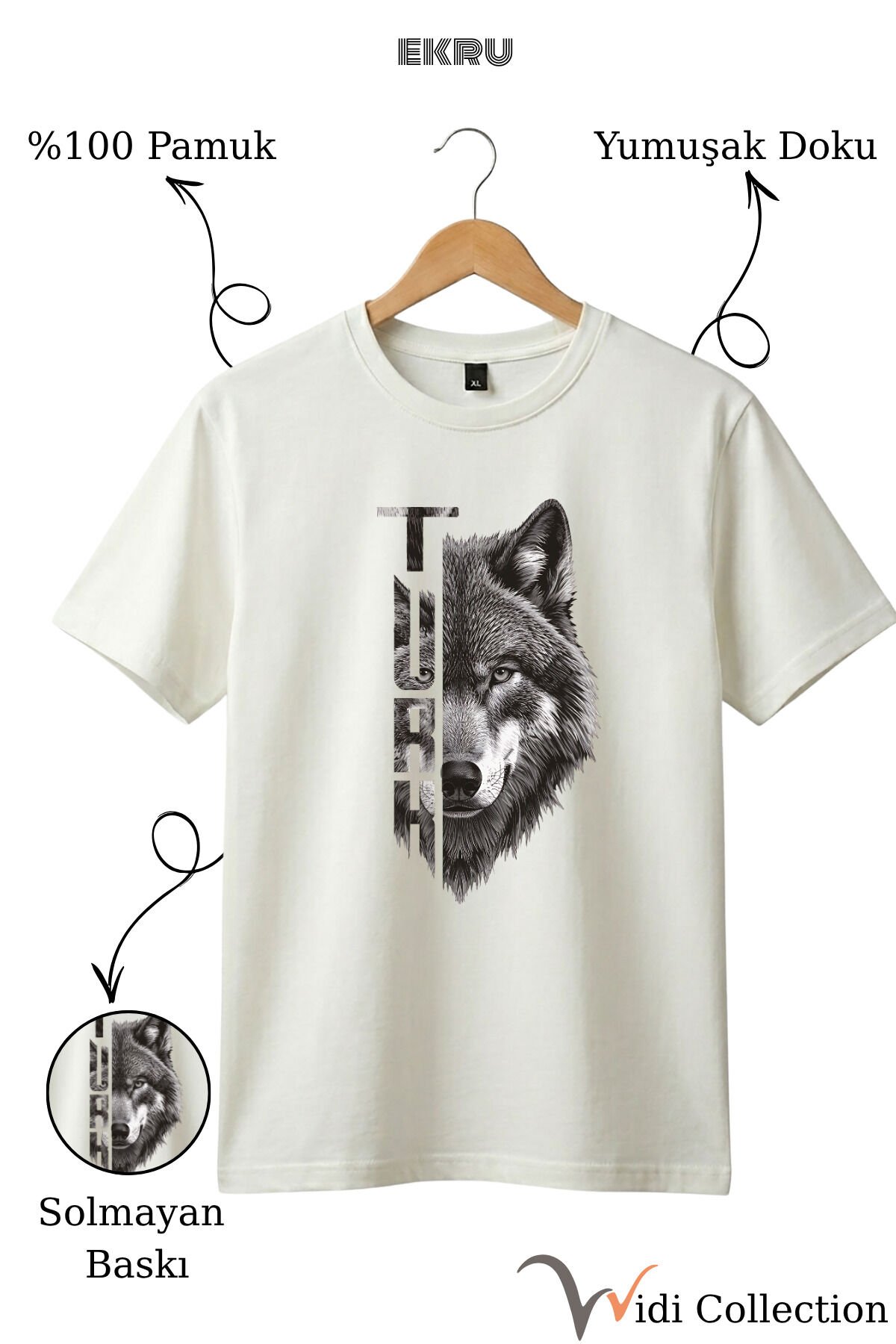 Yarı Kurt Yarısı TÜRK Yazı Tasarım Baskılı %100 Pamuk T-shirt Ekru - 3XL