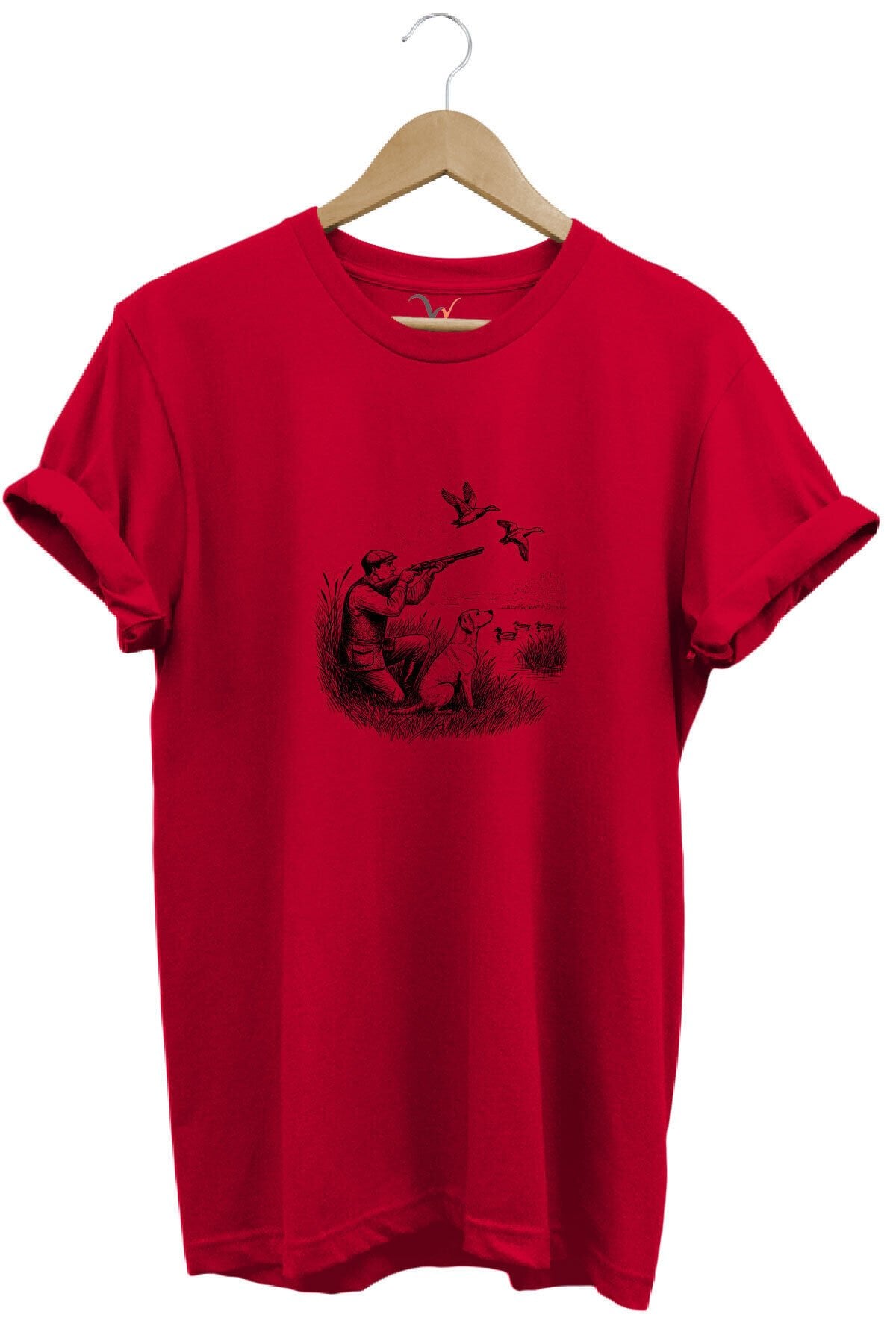 Hunting Avcılık Ördek Avı Baskılı Avcı ve Av Köpeği Regular Fit Bisiklet Yaka T-Shirt Kırmızı - M