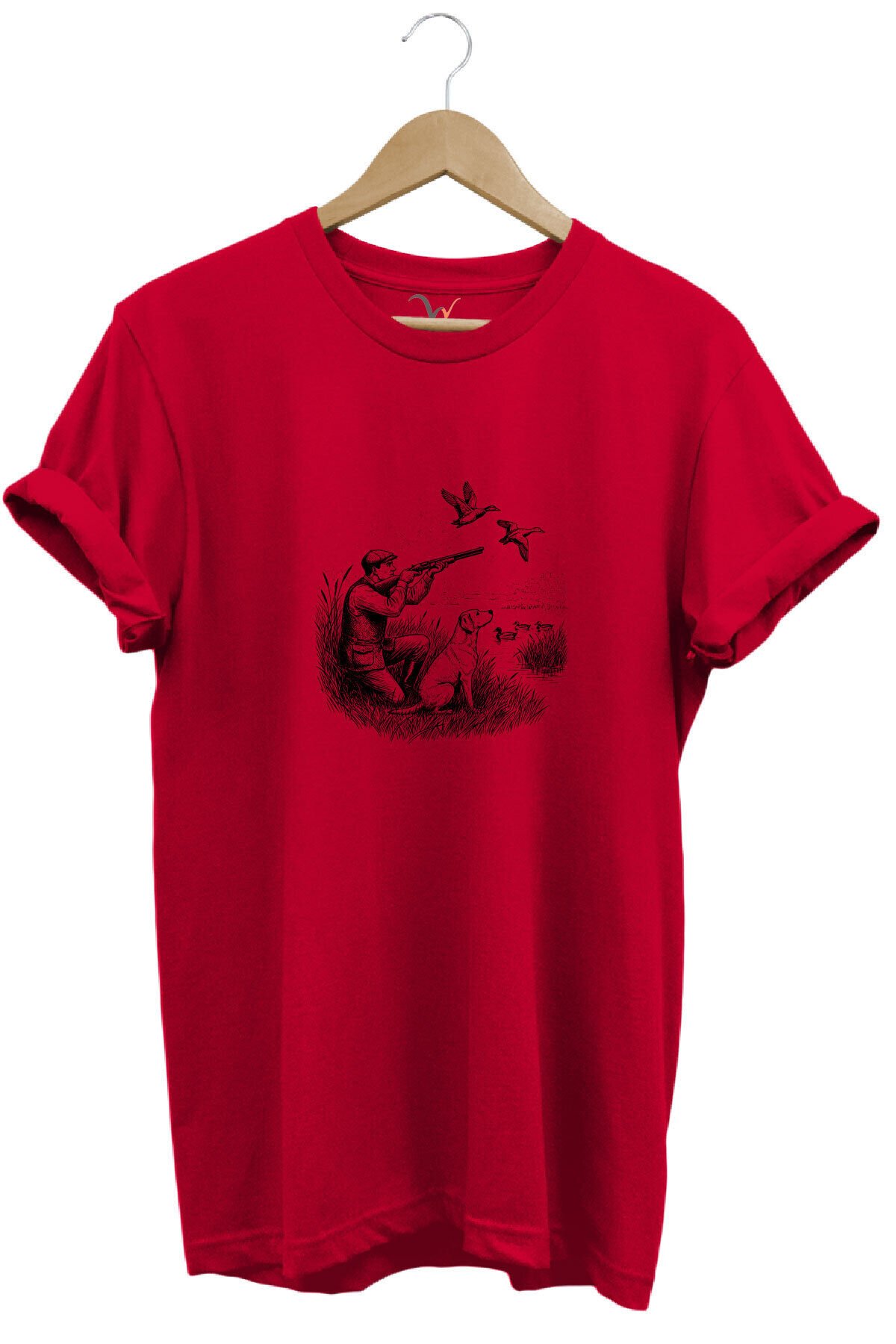 Hunting Avcılık Ördek Avı Baskılı Avcı ve Av Köpeği Regular Fit Bisiklet Yaka T-Shirt Kırmızı - S