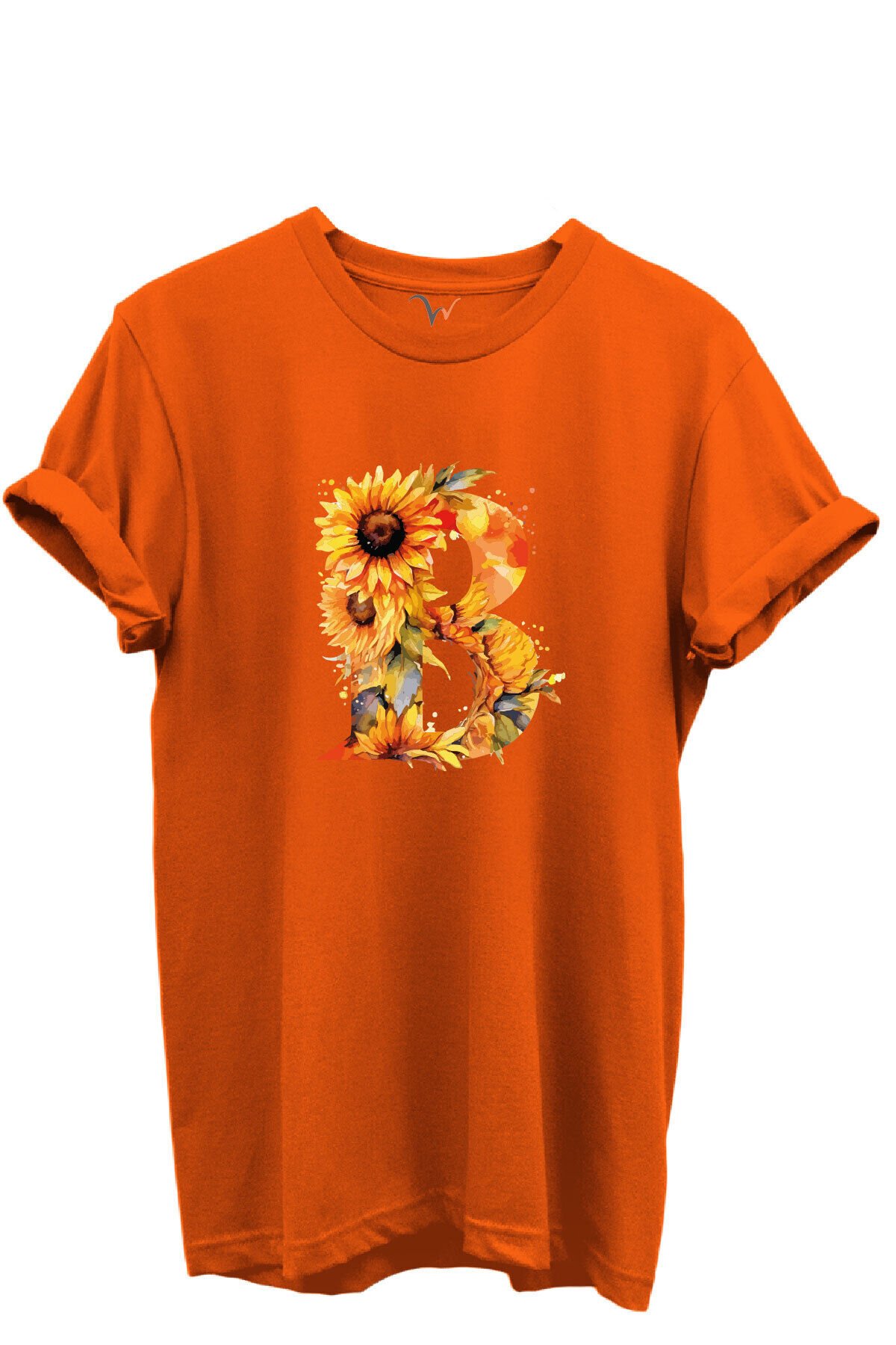 Ayçiçek Desenli “B'' Harfi Baskılı %100 Pamuk Regular Fit Unisex T-Shirt Turuncu - 3XL