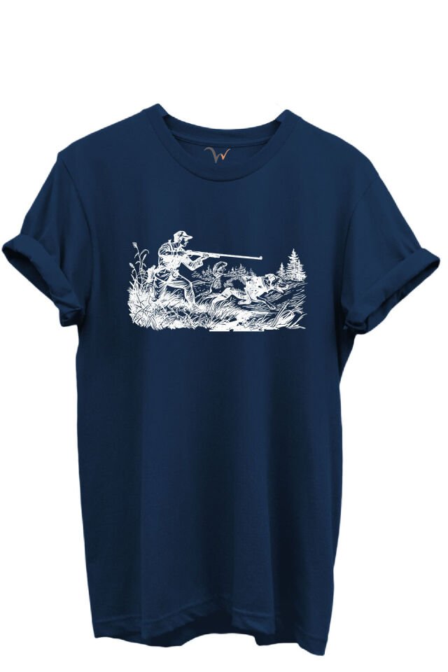 Outdoor Avcılık Avcı ve Av Köpekleri Desenli %100 Pamuk Regular Fit Bisiklet Yaka Unisex T-shirt Lacivert - M