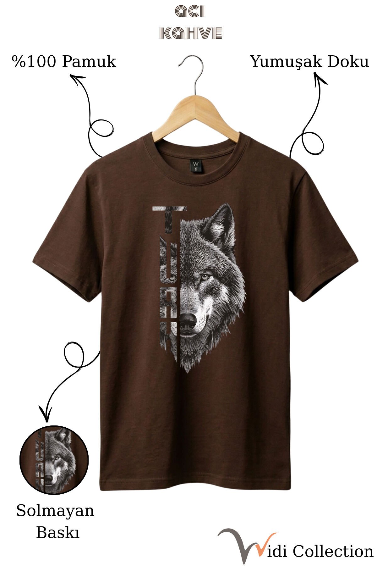 Yarı Kurt Yarısı TÜRK Yazı Tasarım Baskılı %100 Pamuk T-shirt Koyu Kahverengi - S