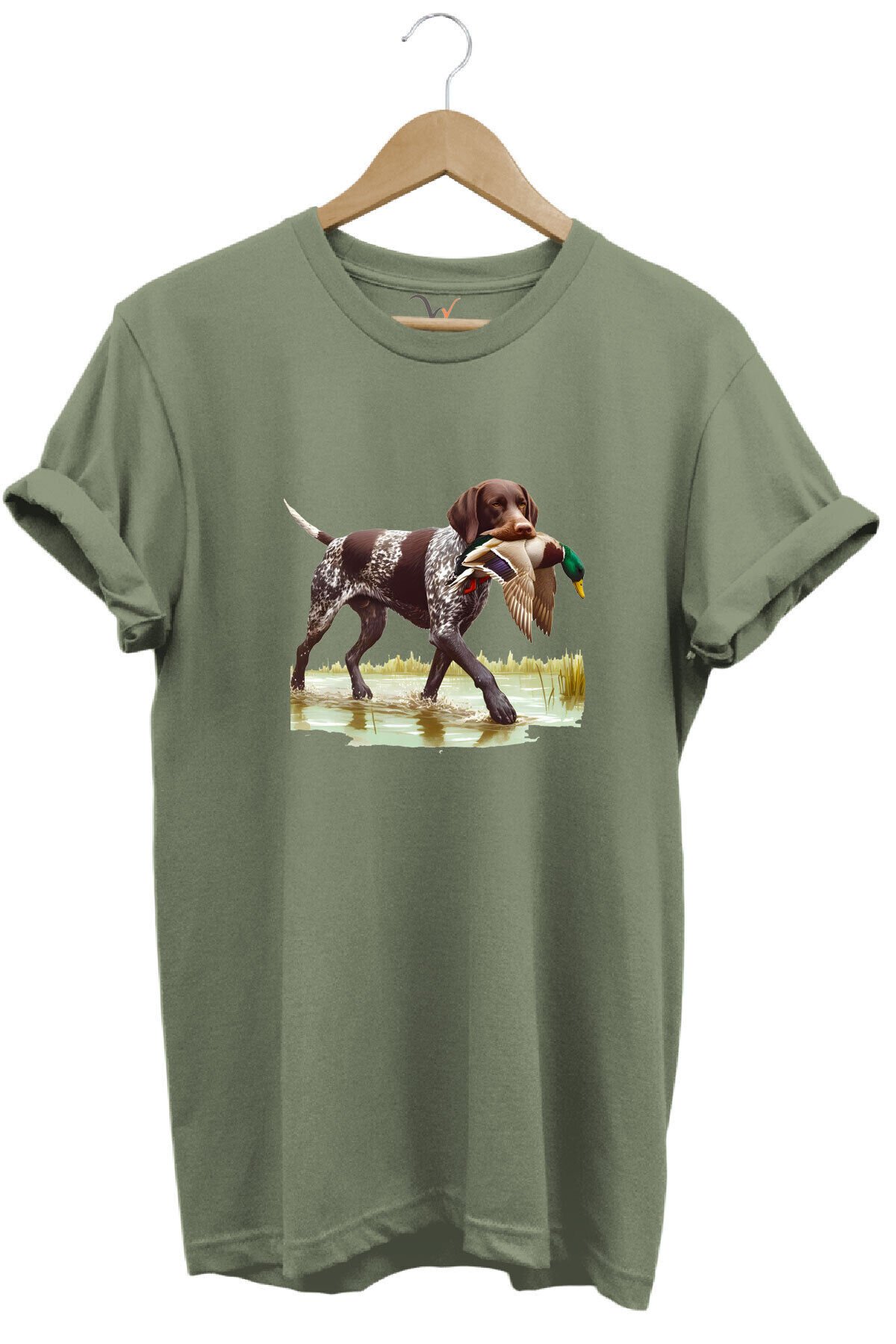 Hunting Avcılık Ördek Avı Baskılı Sazlıkta Avlanan Köpek %100 Pamuk Regular Fit T-shirt Haki - S