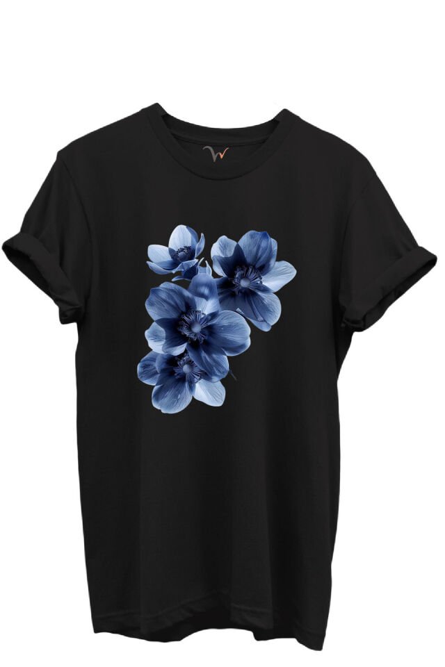 Mavi Çiçek Desenli Kadın %100 Pamuk Regular Fit Bisiklet Yaka T-Shirt Siyah - 2XL