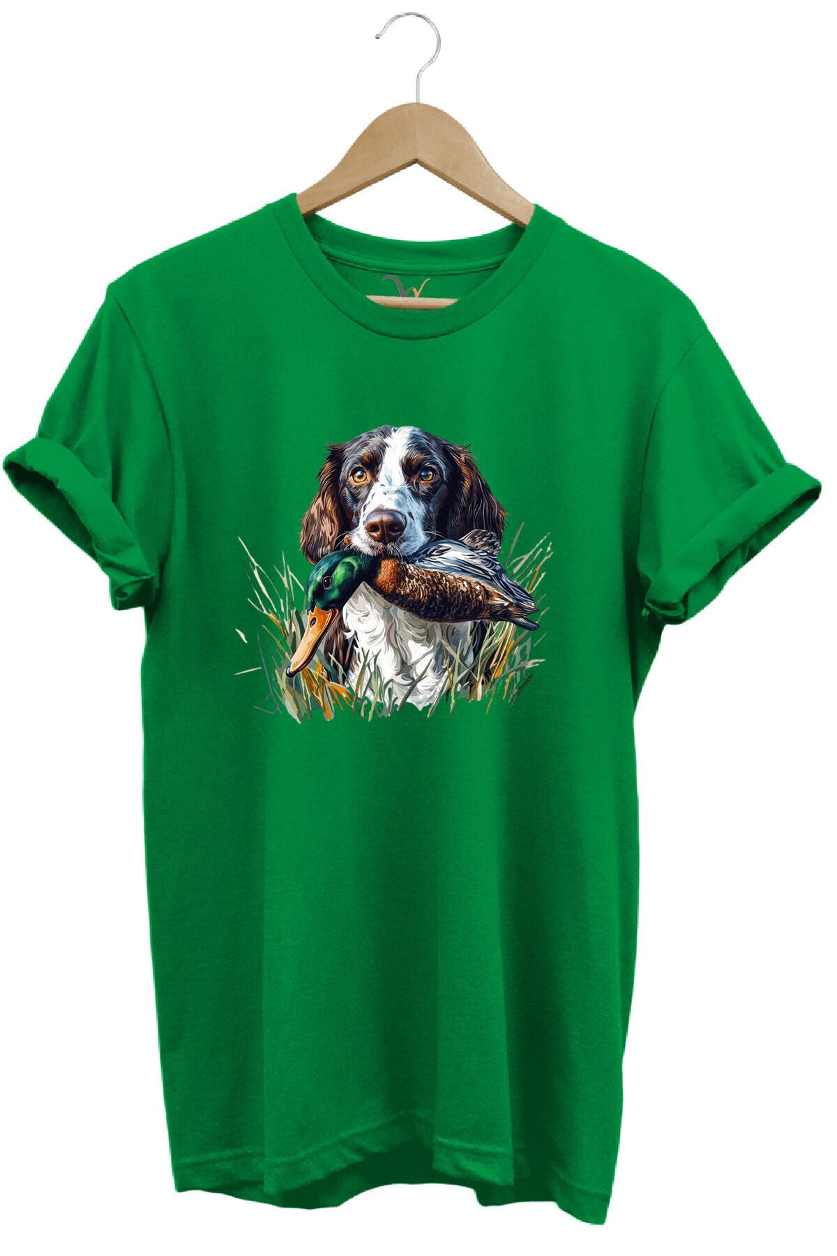 Avcılık Av Köpeği Ve Ördek Baskılı %100 Pamuk Regular Fit Bisiklet Yaka Premium Yeşil T-shirt Yeşil - S