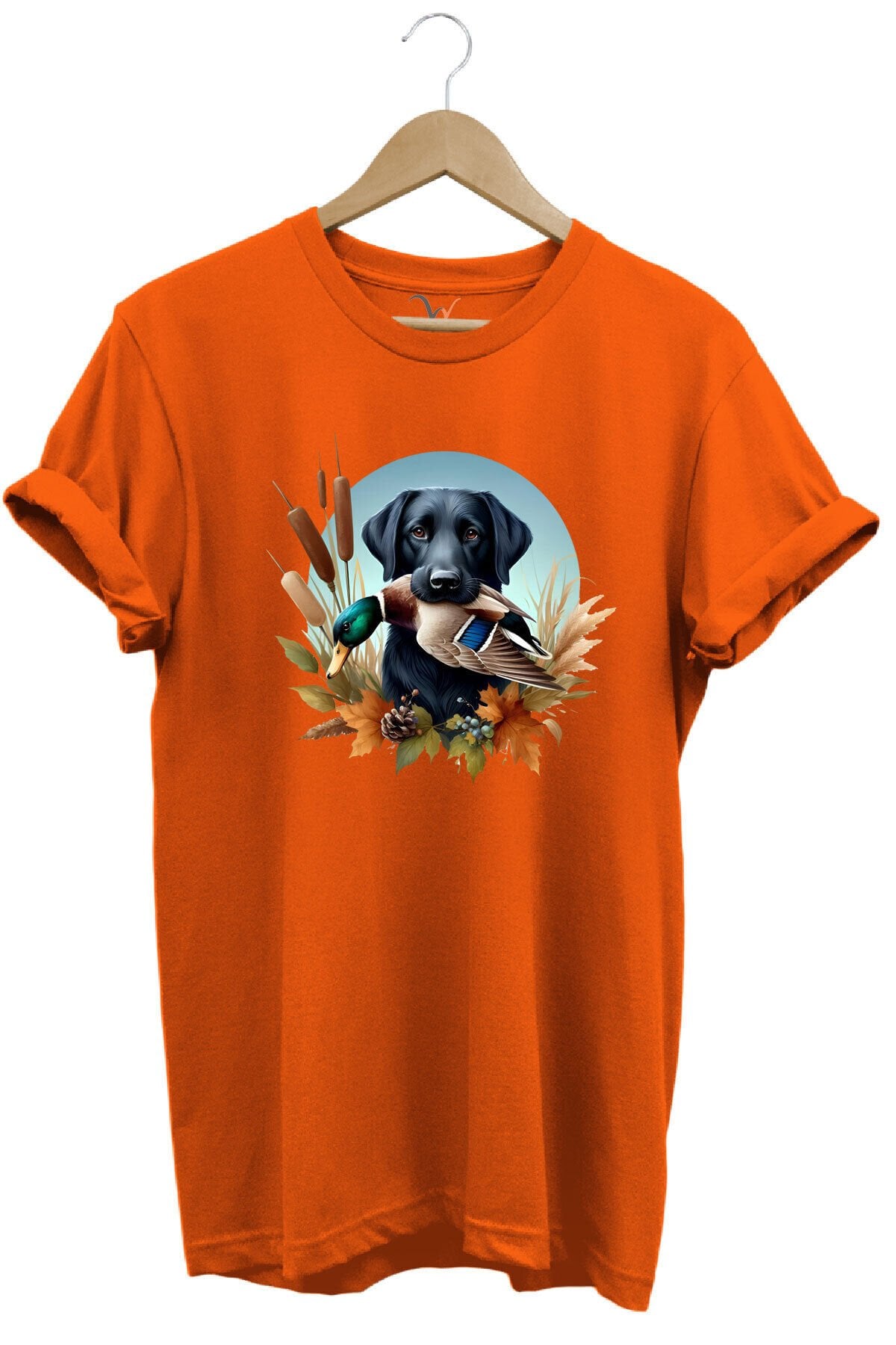 Avcılık Widi Hunting Ördek Avı ve Av Köpeği Baskılı %100 Pamuk Regular Fit Bisiklet Yaka T-Shirt Turuncu - 2XL