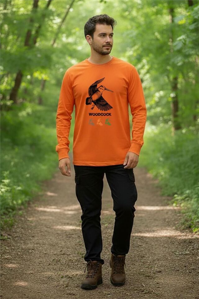 Avcılık Hunter Çulluk Avcılığı Tasarım Baskılı %100 Pamuk Turuncu Bisiklet Yaka Uzun Kollu T-Shirt - Turuncu
