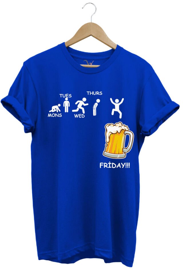 Haftanın Günleri Bira Baskılı Friday Beer %100 Pamuk Regular Fit Bisiklet Yaka T-shirt Mavi - L