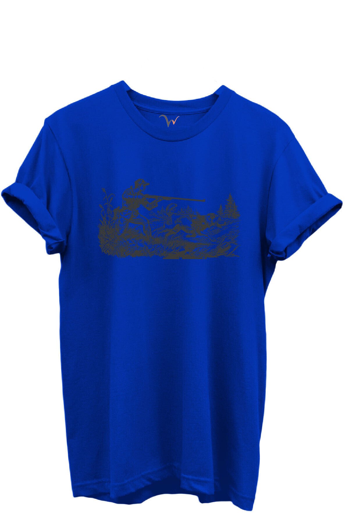 Outdoor Avcılık Avcı ve Av Köpekleri Desenli %100 Pamuk Regular Fit Bisiklet Yaka Unisex T-shirt Saks Mavi - L