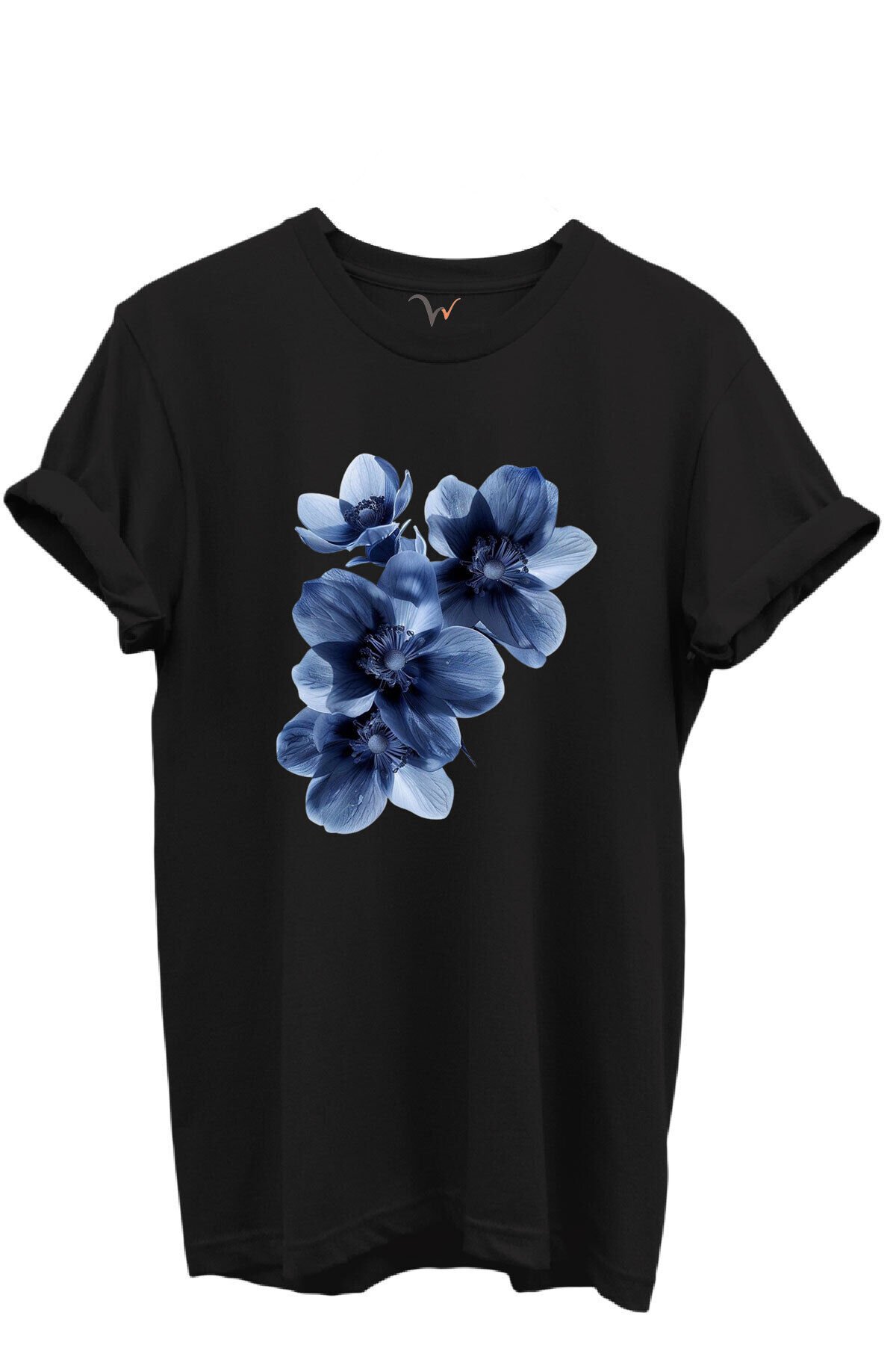 Mavi Çiçek Desenli Kadın %100 Pamuk Regular Fit Bisiklet Yaka T-Shirt Siyah - 4XL