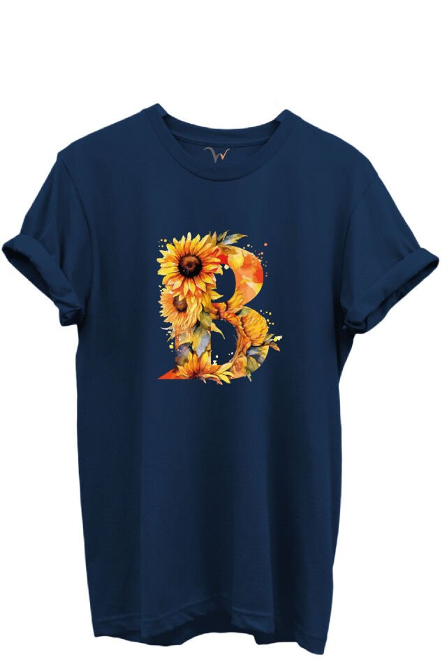 Ayçiçek Desenli “B'' Harfi Baskılı %100 Pamuk Regular Fit Unisex T-Shirt Lacivert - M