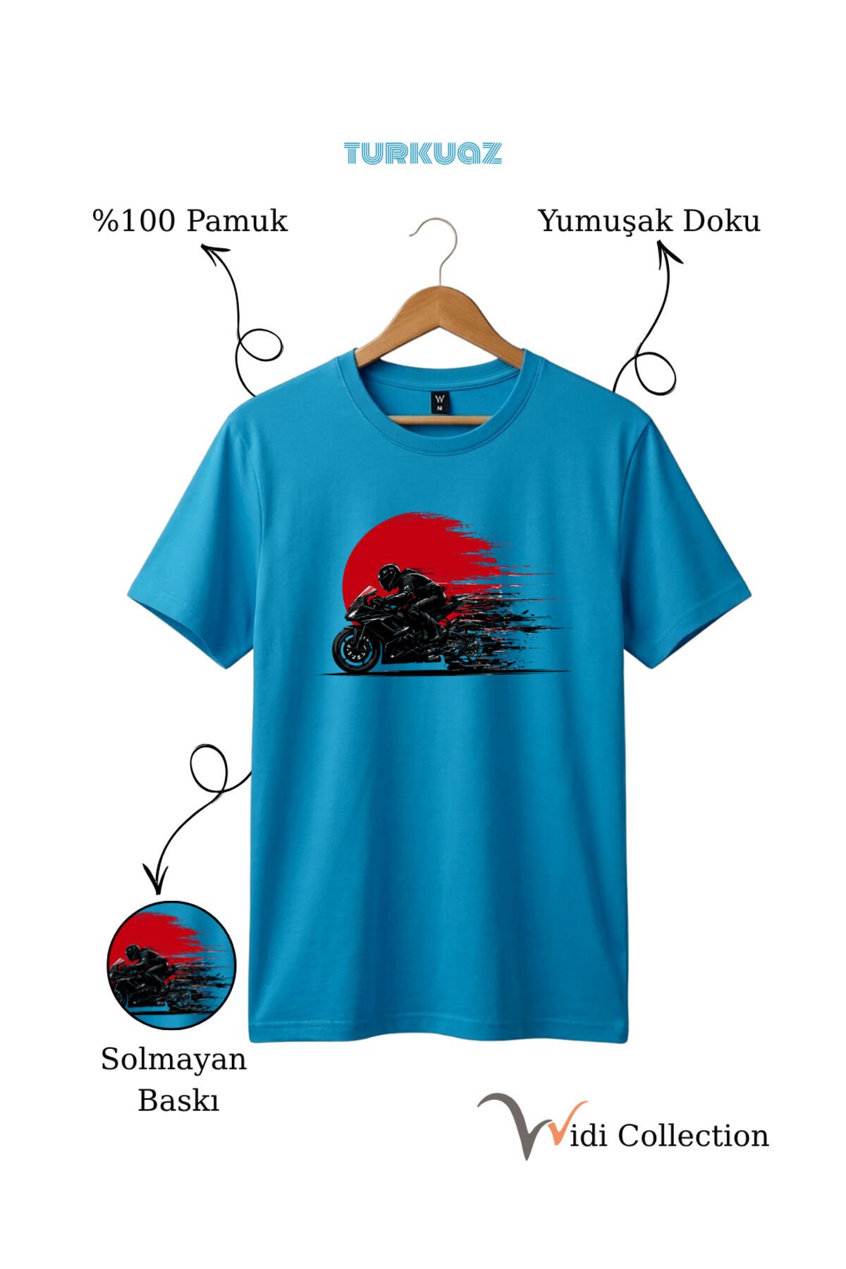 Hız Temalı Racing Motor Baskılı %100 Pamuk Unisex Regular Fit T-Shirt Turkuaz - M