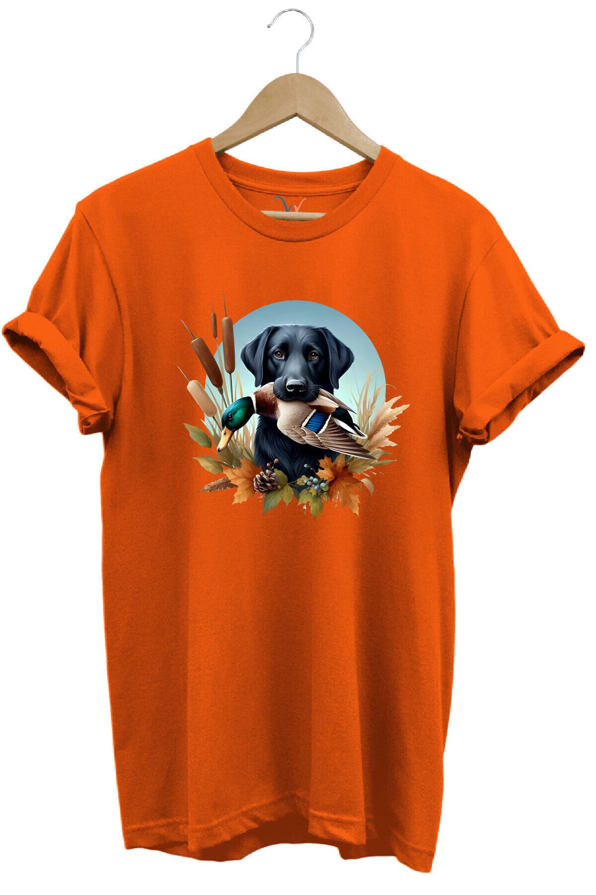 Avcılık Widi Hunting Ördek Avı ve Av Köpeği Baskılı %100 Pamuk Regular Fit Bisiklet Yaka T-Shirt Turuncu - 3XL