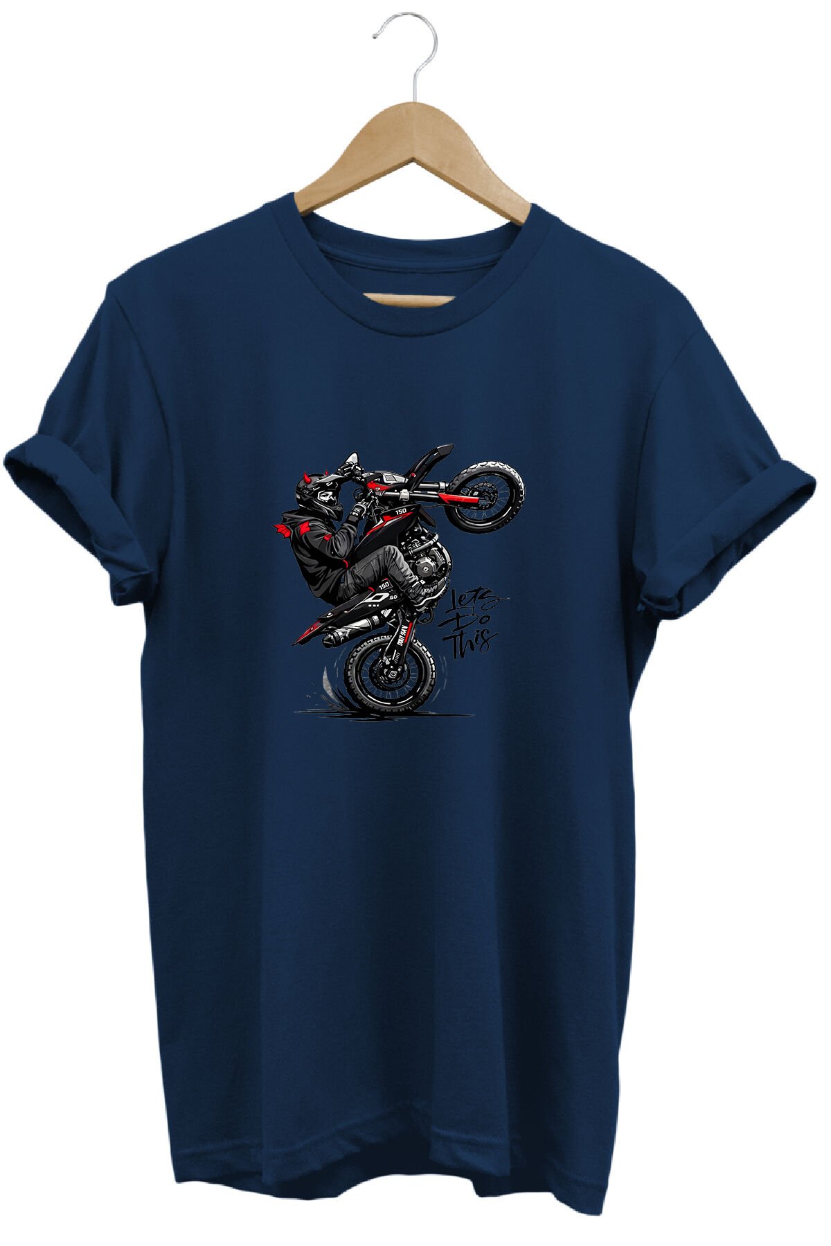Unisex Motosiklet Tek Teker Baskılı Oversize Bisiklet Yaka Tişört T-shirt Lacivert - 3XL