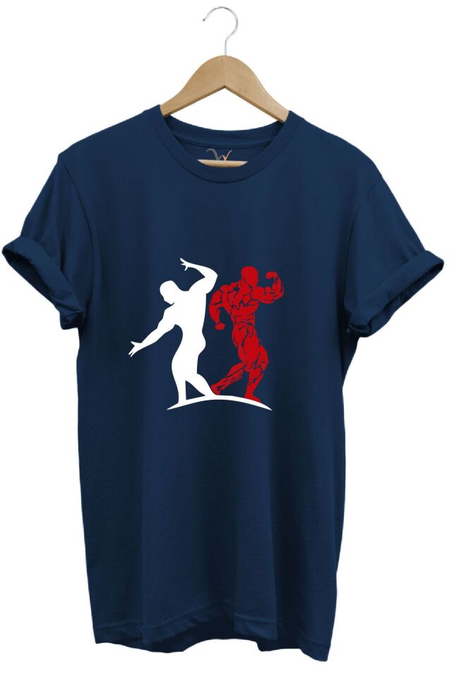 Sporcu Fitness Baskılı GYMRegular Fit %100 Pamuk Bisiklet Yaka Premium Tişört Lacivert - 4XL