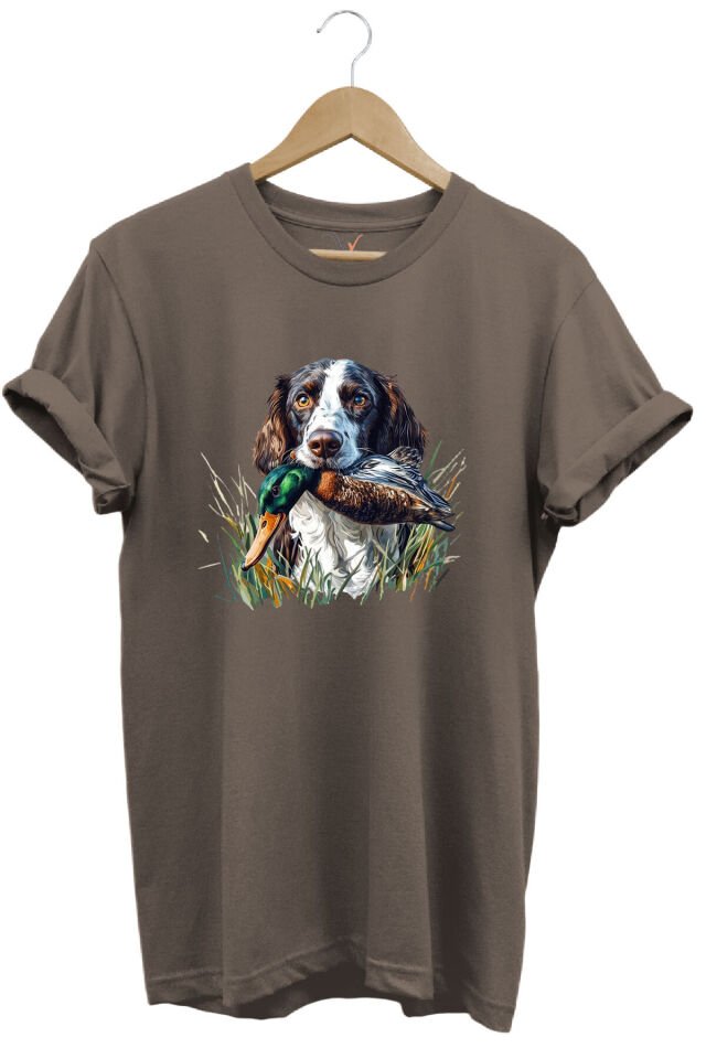Avcılık Av Köpeği Ve Ördek Baskılı %100 Pamuk Regular Fit Bisiklet Yaka Premium Yeşil T-shirt Kahverengi - 3XL