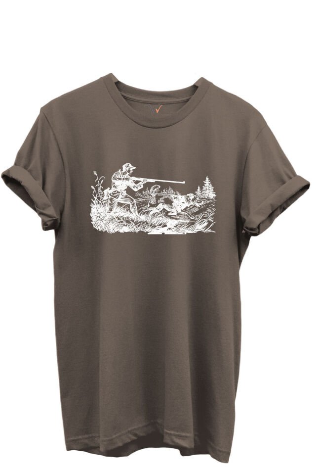 Outdoor Avcılık Avcı ve Av Köpekleri Desenli %100 Pamuk Regular Fit Bisiklet Yaka Unisex T-shirt Kahverengi - 3XL