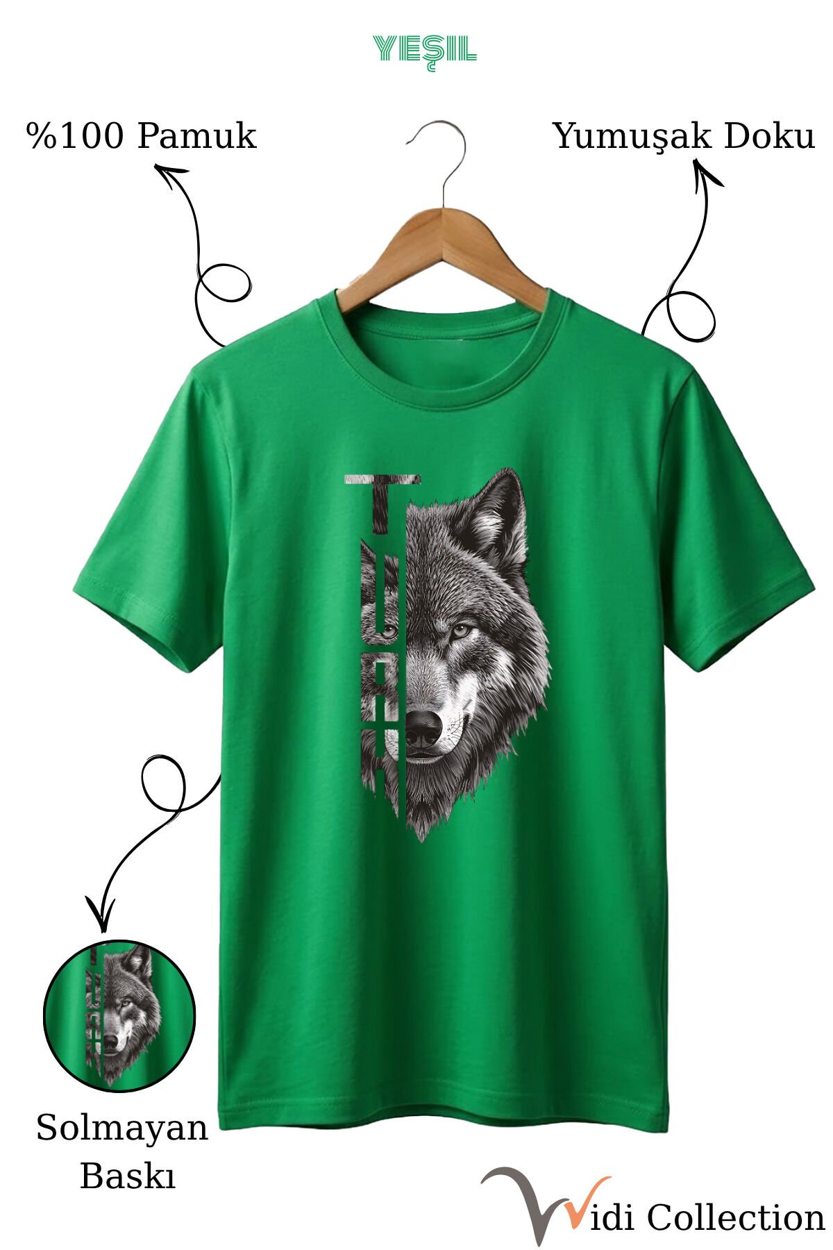 Yarı Kurt Yarısı TÜRK Yazı Tasarım Baskılı %100 Pamuk T-shirt Yeşil - L