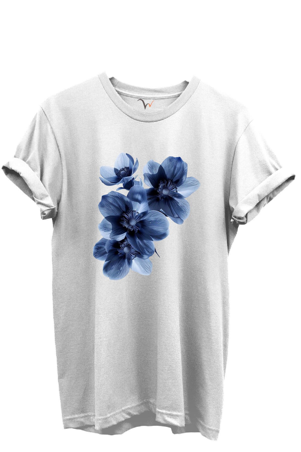 Mavi Çiçek Desenli Kadın %100 Pamuk Regular Fit Bisiklet Yaka T-Shirt Beyaz - S