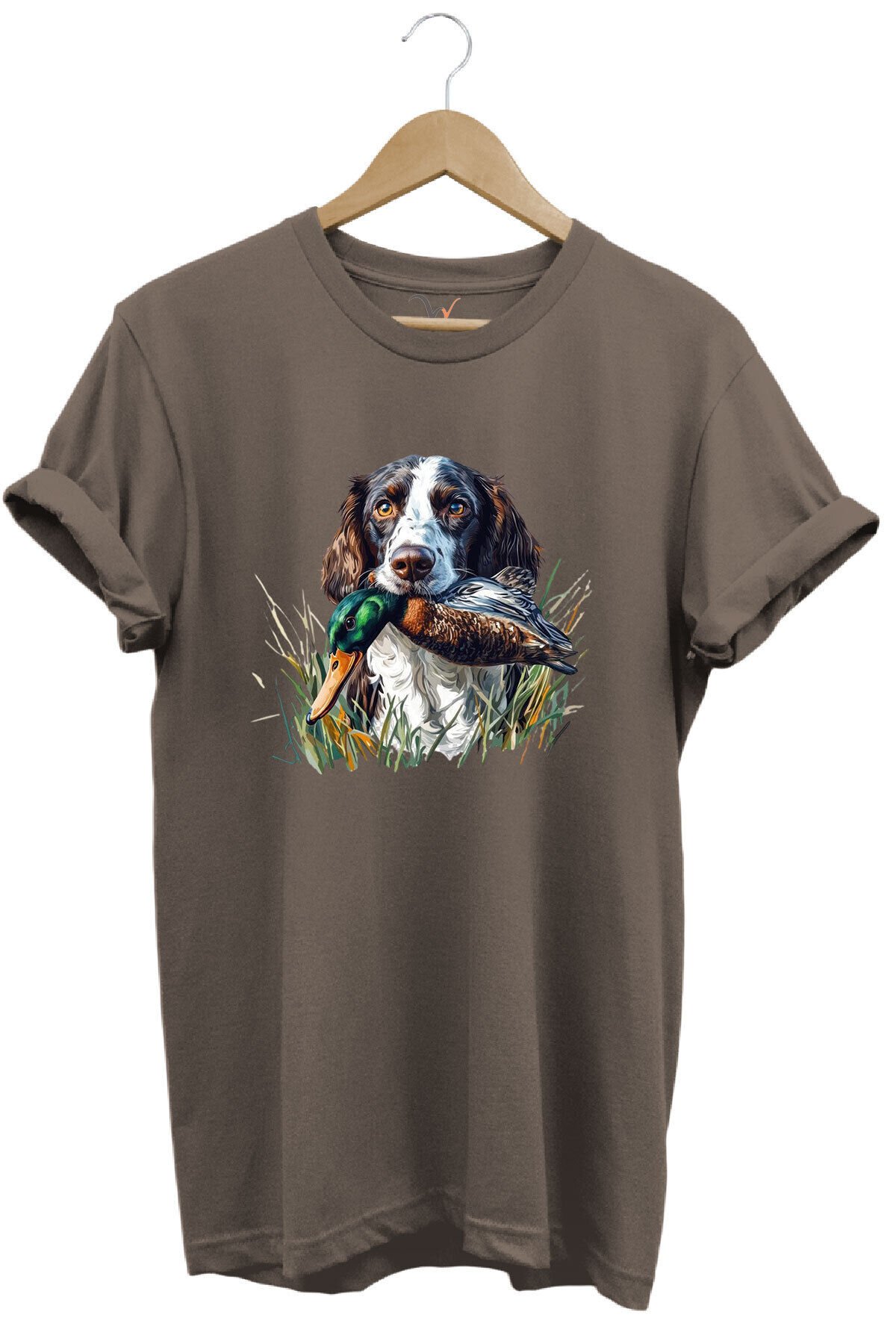 Avcılık Av Köpeği Ve Ördek Baskılı %100 Pamuk Regular Fit Bisiklet Yaka Premium Yeşil T-shirt Kahverengi - L