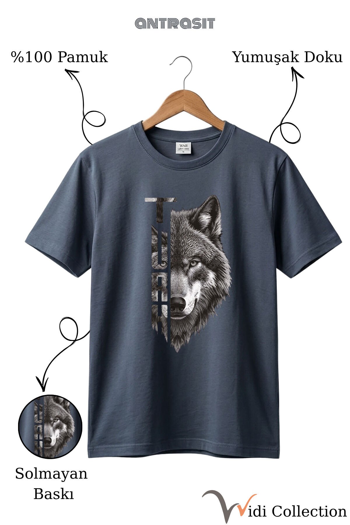 Yarı Kurt Yarısı TÜRK Yazı Tasarım Baskılı %100 Pamuk T-shirt Antrasit Gri - S