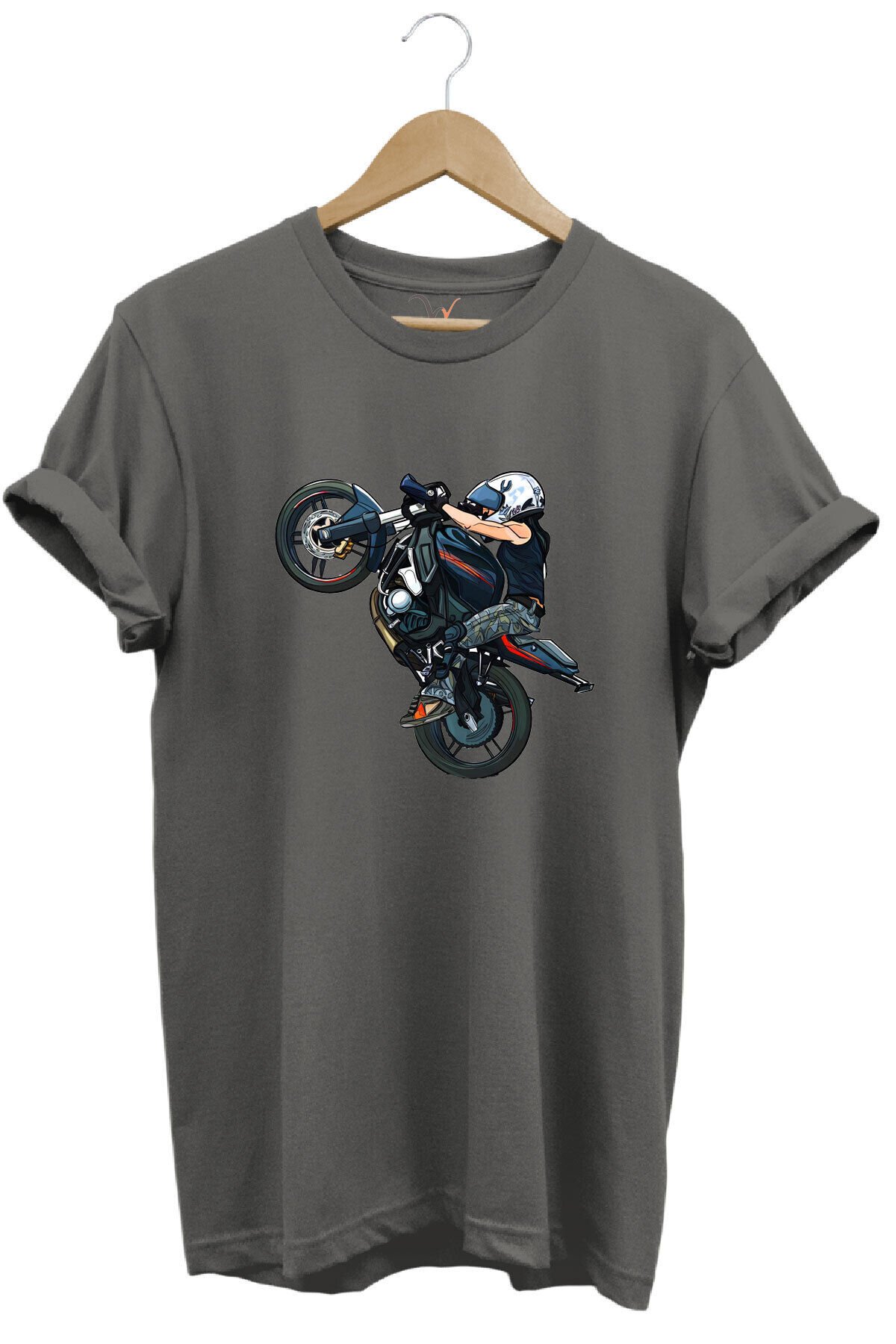 Motosiklet Racing Ön Kaldıran Motorcu Baskılı %100 Pamuk Regular Fit Bisiklet Yaka Haki T-shirt Gri - M