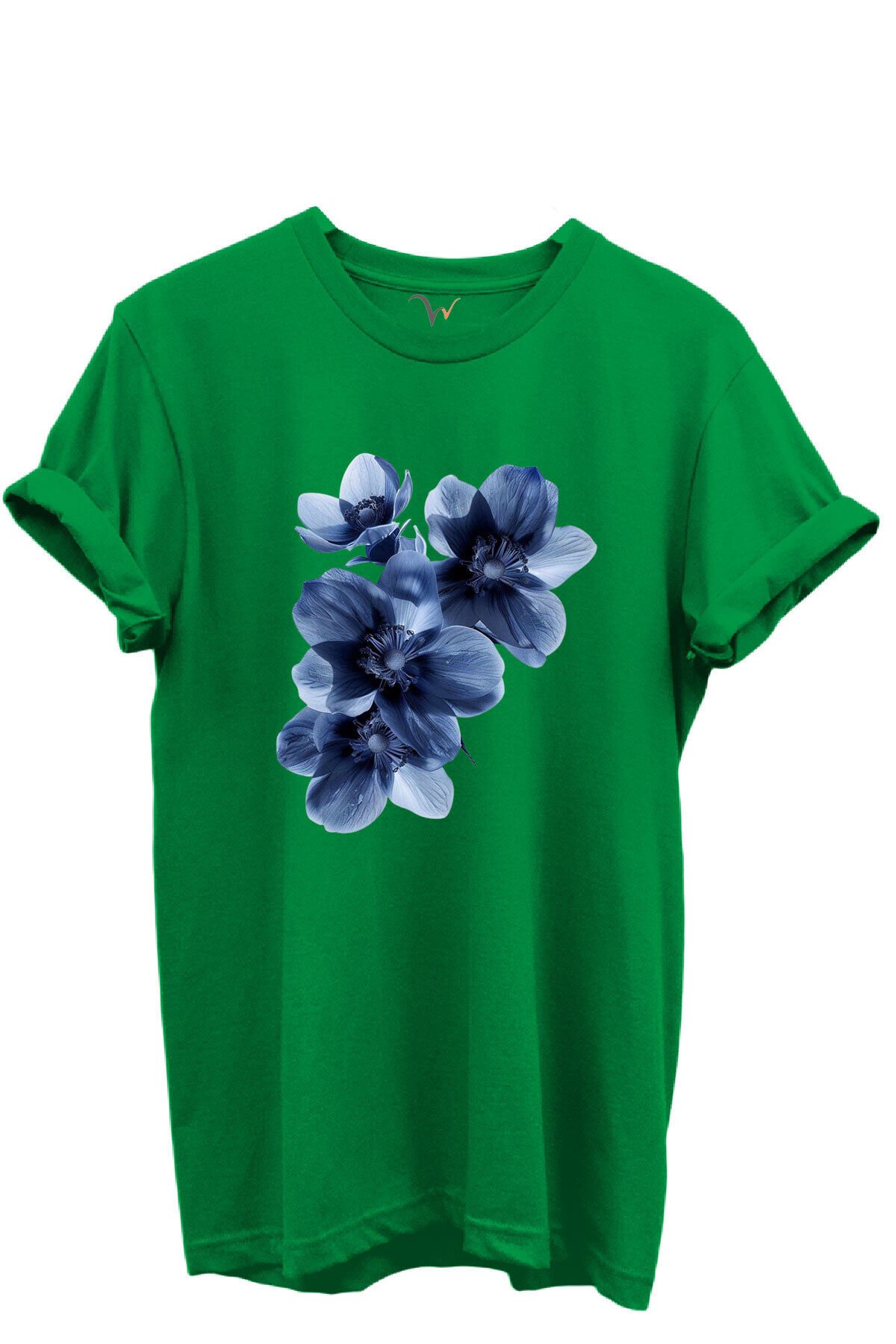 Mavi Çiçek Desenli Kadın %100 Pamuk Regular Fit Bisiklet Yaka T-Shirt Yeşil - S