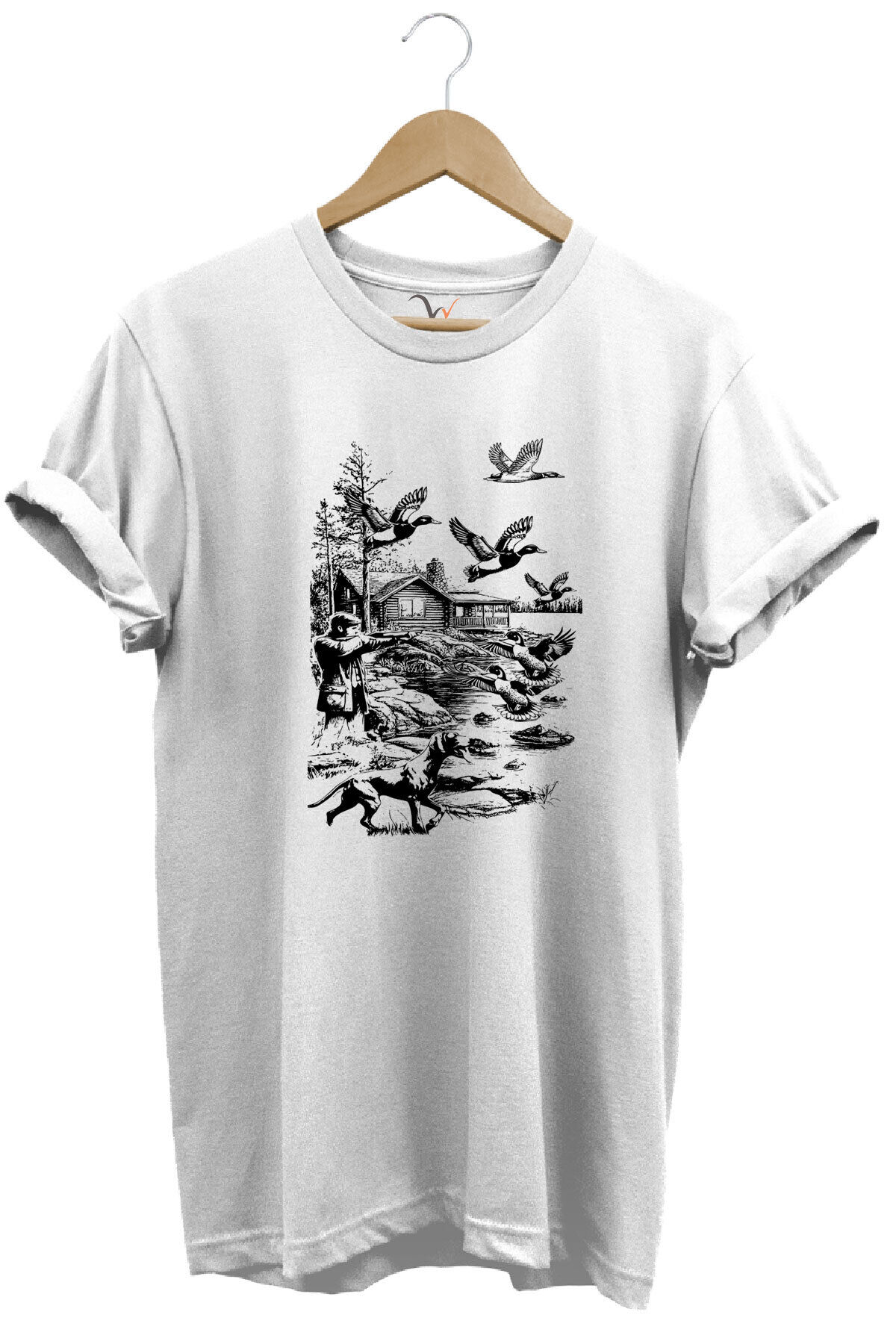 Avcılık Hunting Avcı Köpeği Avcı ve Ördekler Baskılı %100 Pamuk Unisex Regular Fit T-Shirt Beyaz - 3XL