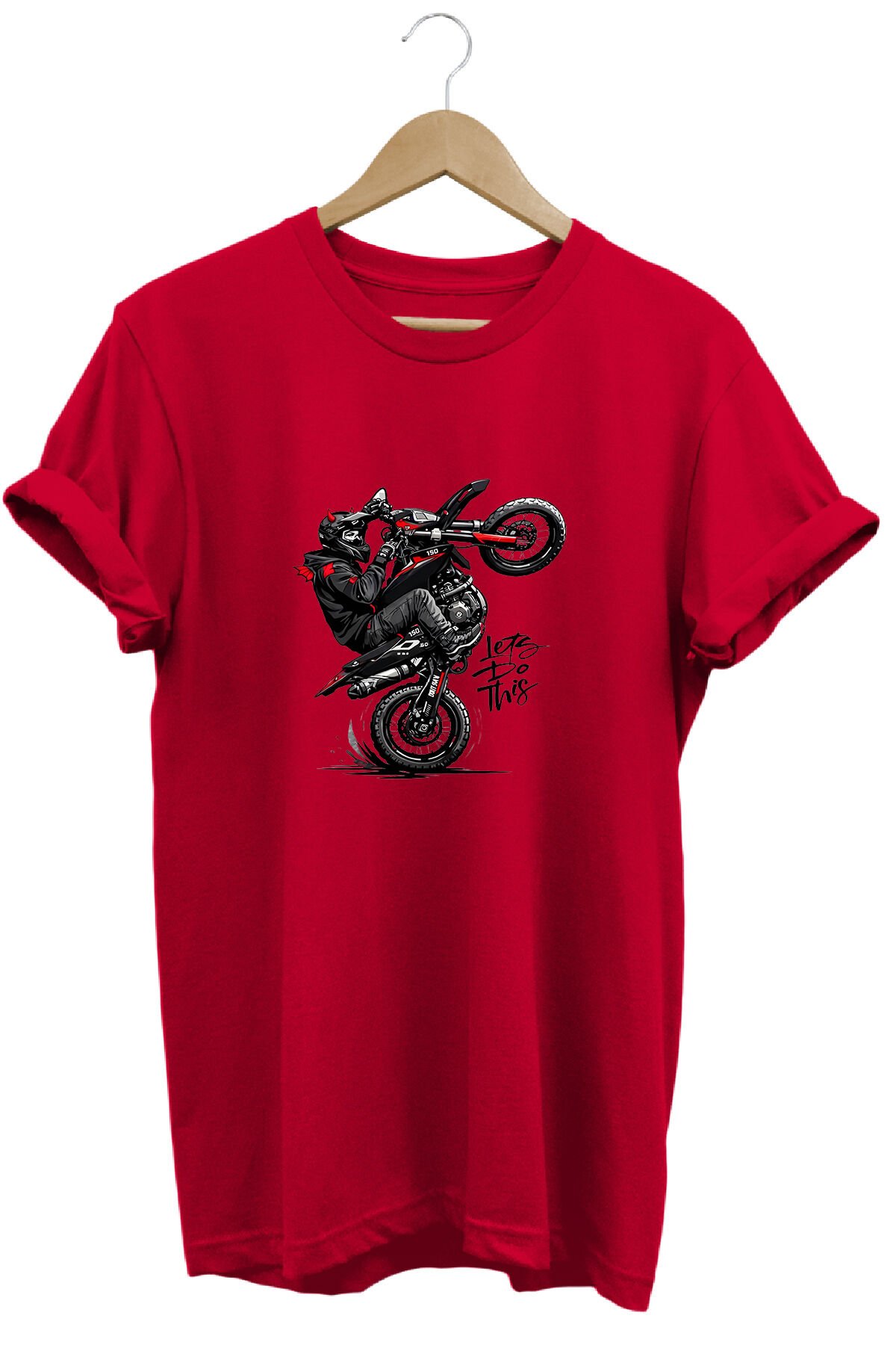 Unisex Motosiklet Tek Teker Baskılı Oversize Bisiklet Yaka Tişört T-shirt Kırmızı - XL