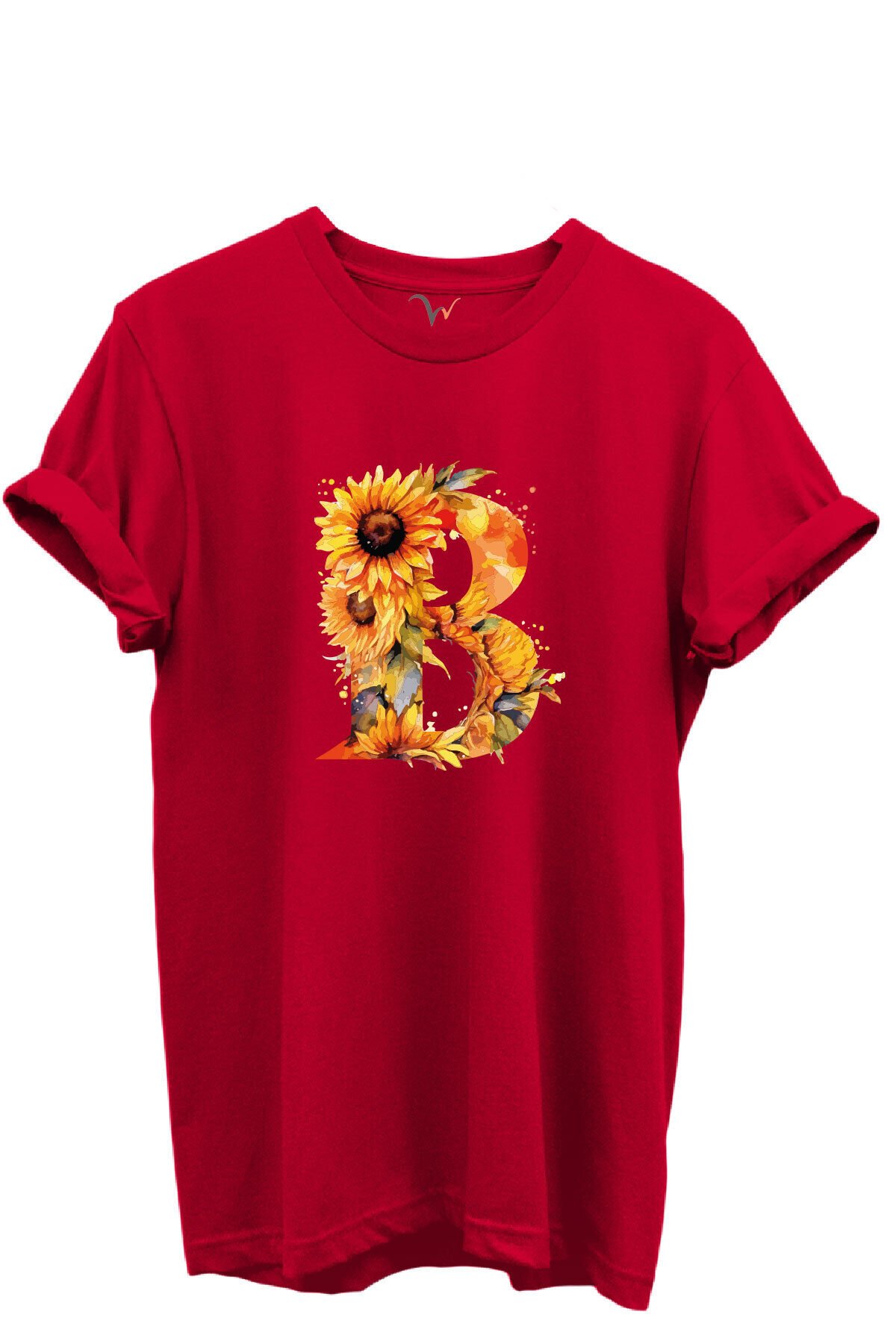 Ayçiçek Desenli “B'' Harfi Baskılı %100 Pamuk Regular Fit Unisex T-Shirt Kırmızı - S