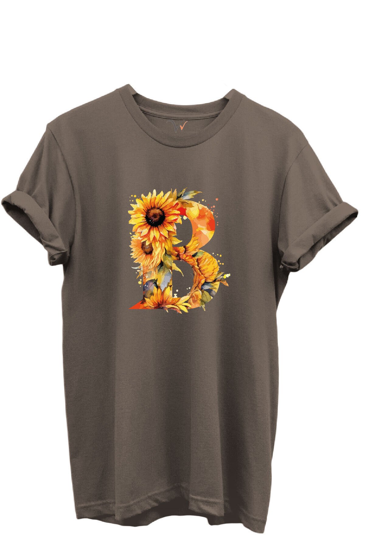 Ayçiçek Desenli “B'' Harfi Baskılı %100 Pamuk Regular Fit Unisex T-Shirt Kahverengi - S
